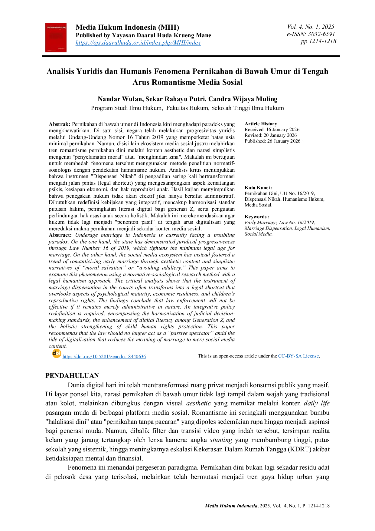 JURIS Analisis Yuridis dan Humanis Fenomena Pernikahan di Bawah Umur di Tengah Arus Romantisme Media Sosial