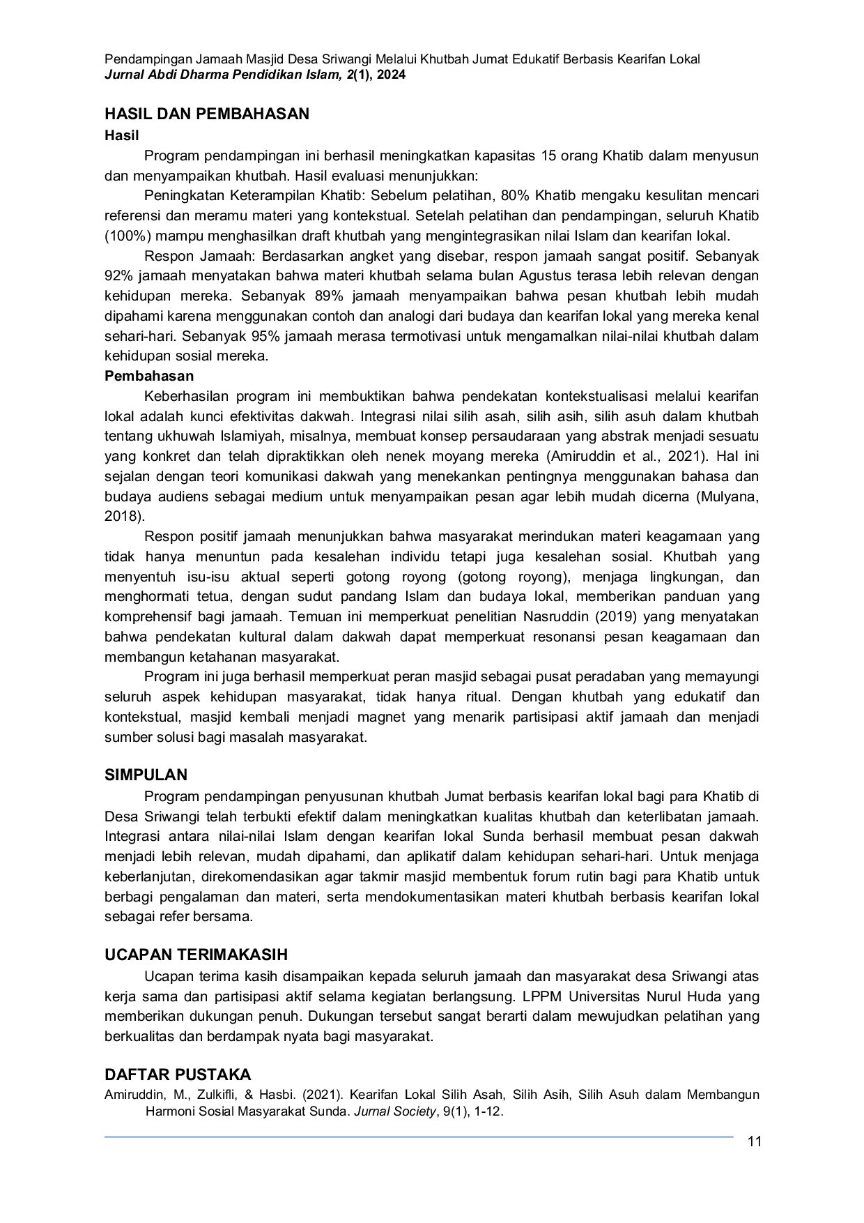 JURIS Assisting the Congregation of Sriwangi Village Mosque through Educational Friday Sermons Based on Local Wisdom