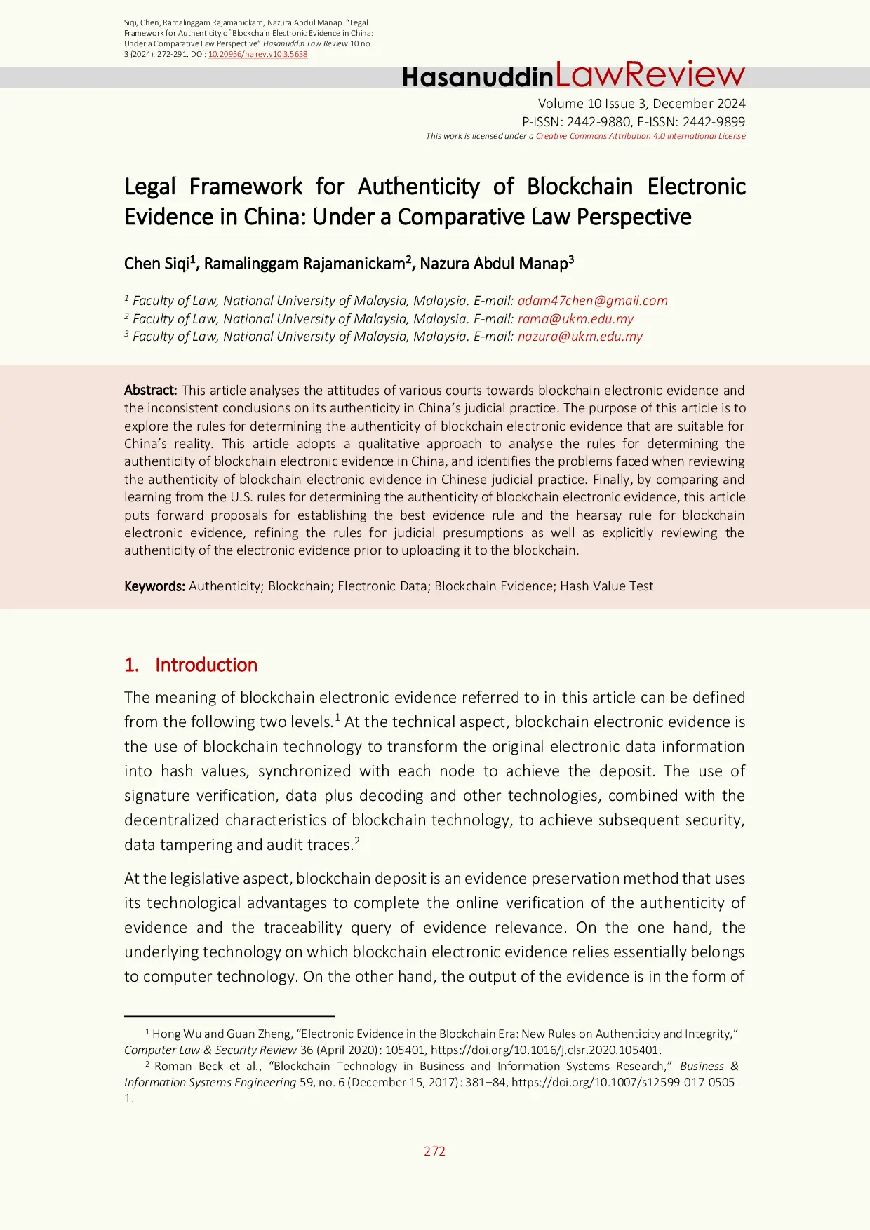 JURIS Legal Framework for Authenticity of Blockchain Electronic Evidence in China Under a Comparative Law Perspective