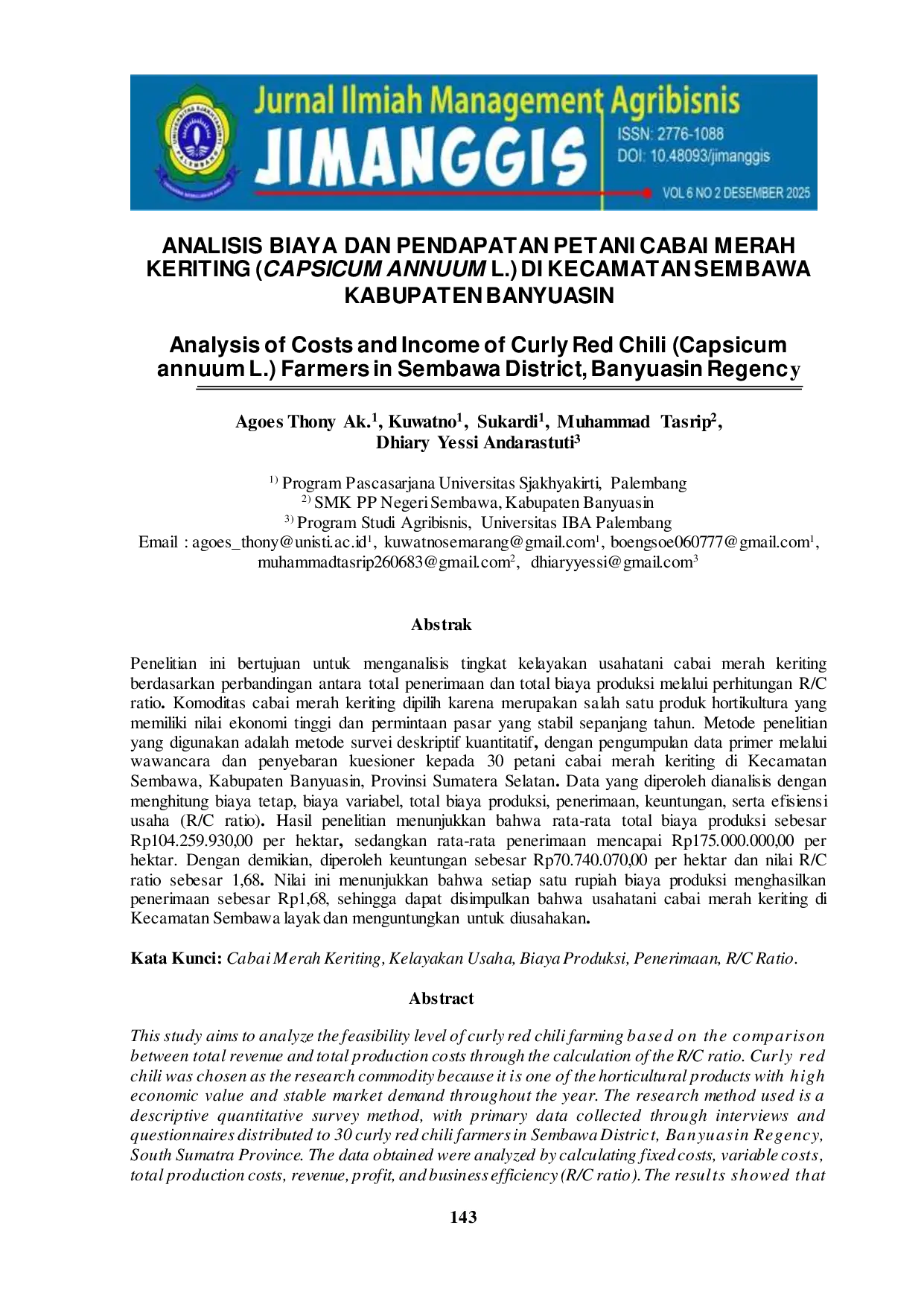 JURIS Analisis Biaya Dan Pendapatan Petani Cabai Merah Keriting Capsicum Annuum L Di Kecamatan Sembawa Kabupaten Banyuasin