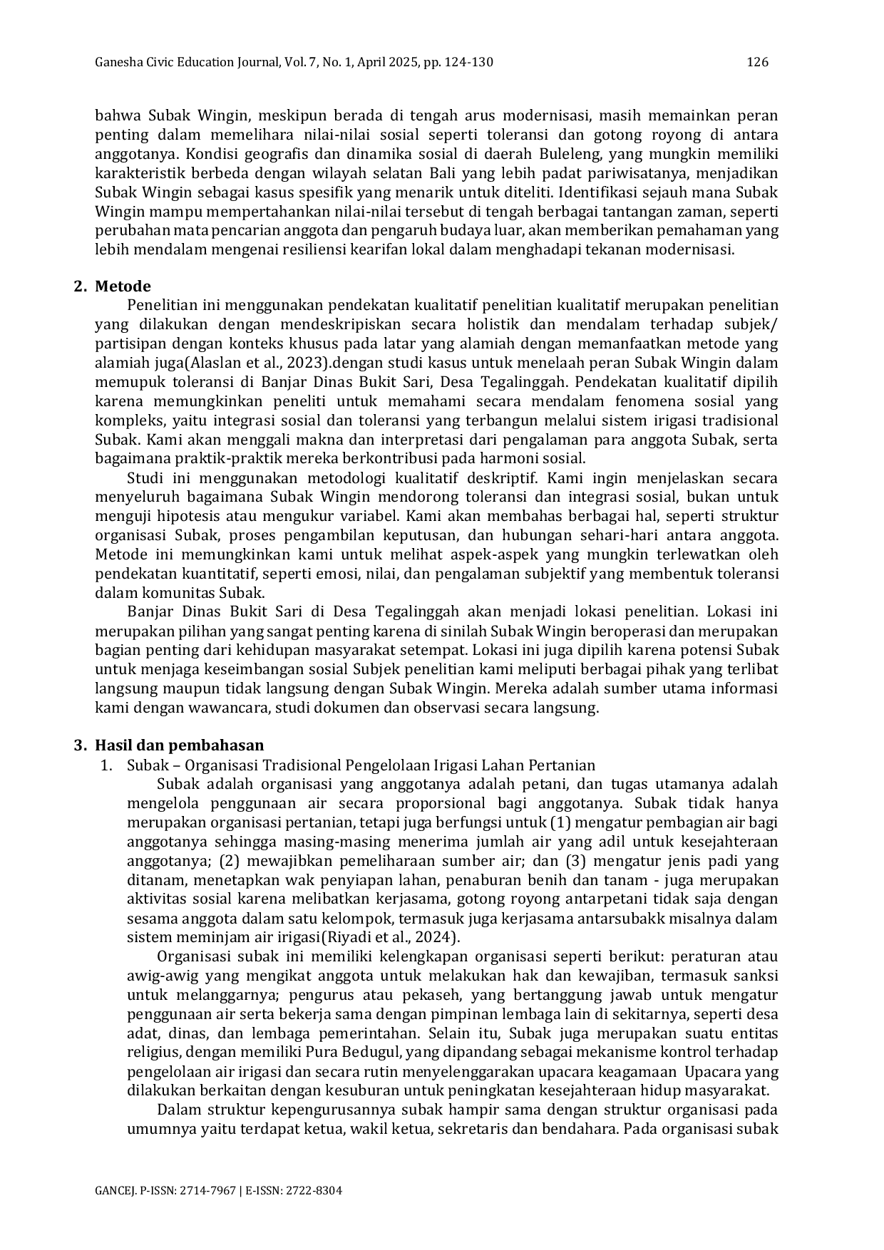 JURIS Dari Irigasi ke Integrasi Sosial Telaah Subak Wingin dalam Memupuk Toleransi di Banjar Dinas Bukit Sari Desa Tegalinggah