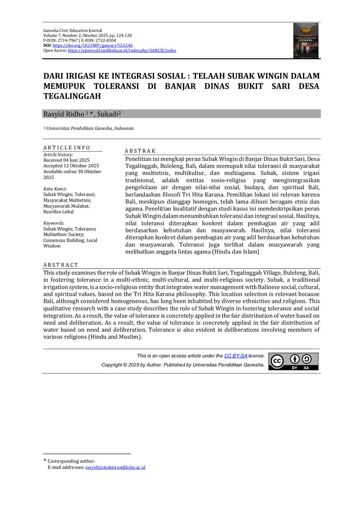 JURIS Dari Irigasi ke Integrasi Sosial Telaah Subak Wingin dalam Memupuk Toleransi di Banjar Dinas Bukit Sari Desa Tegalinggah