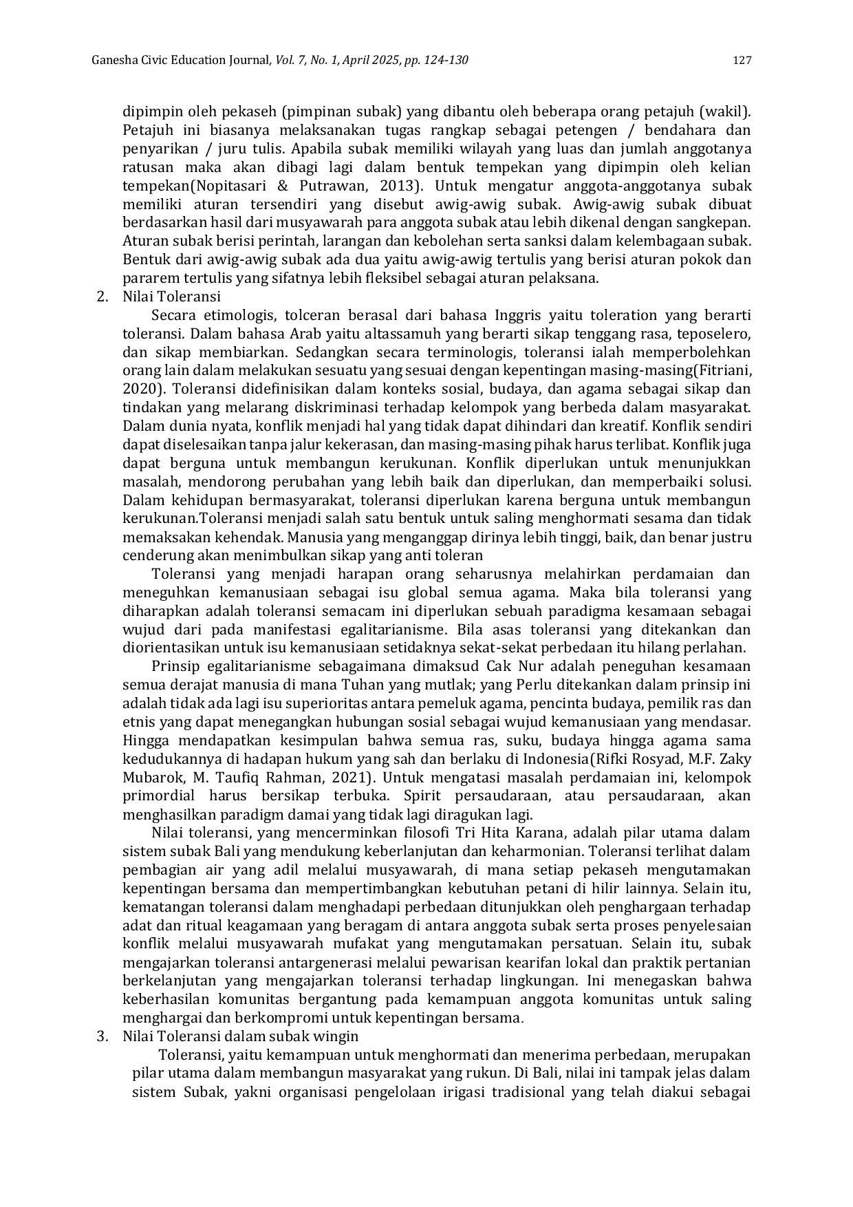 JURIS Dari Irigasi ke Integrasi Sosial Telaah Subak Wingin dalam Memupuk Toleransi di Banjar Dinas Bukit Sari Desa Tegalinggah