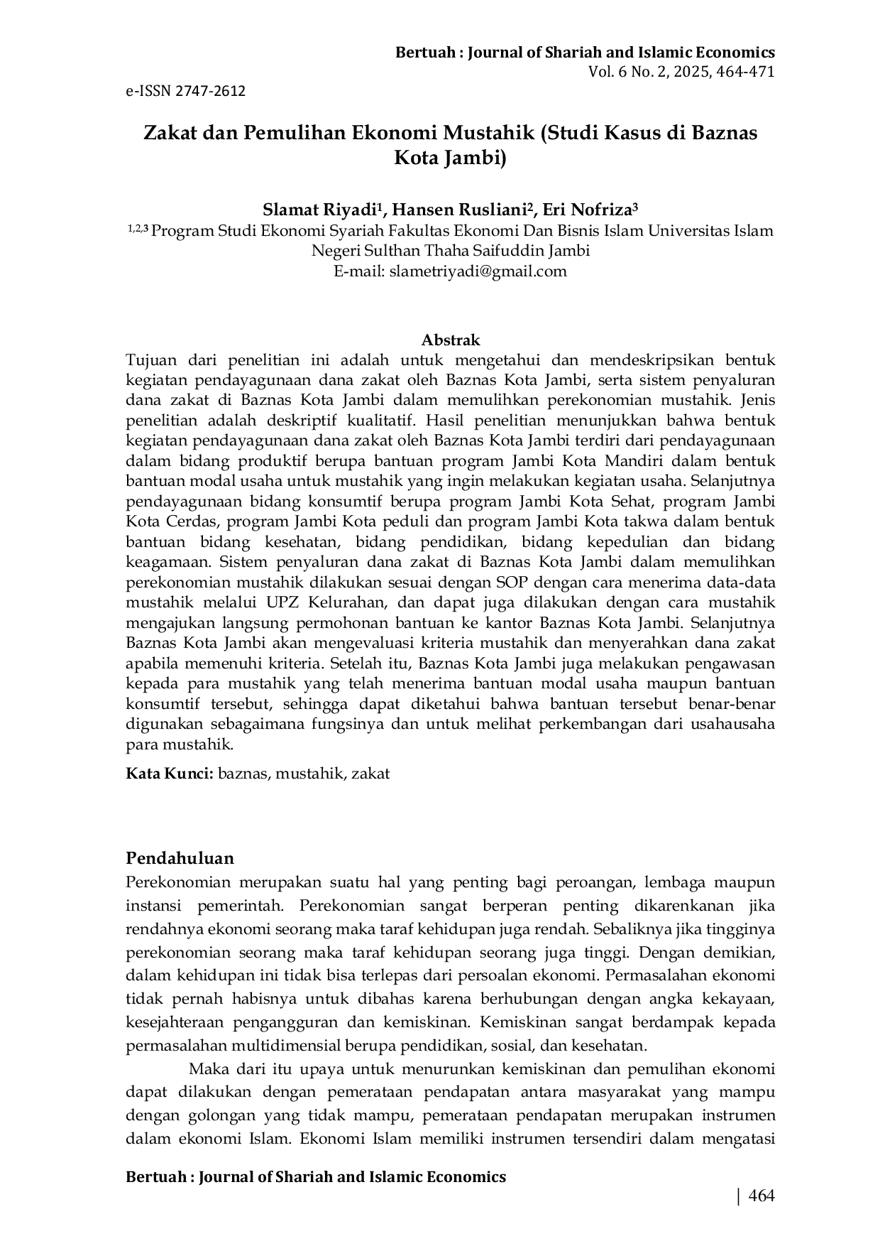 JURIS Zakat dan Pemulihan Ekonomi Mustahik Studi Kasus di Baznas Kota Jambi