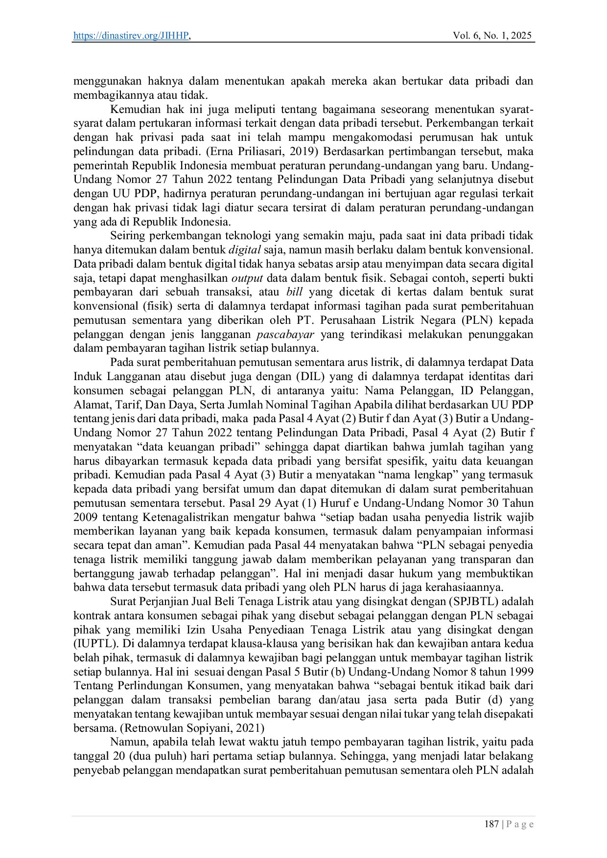 JURIS Pelindungan Hukum terhadap Data Pelanggan PT PLN dalam Pemberian Surat Pemutusan Sementara Berdasarkan Undang Undang Nomor 27 Tahun 2022 tentang Perlindungan Data Pribadi