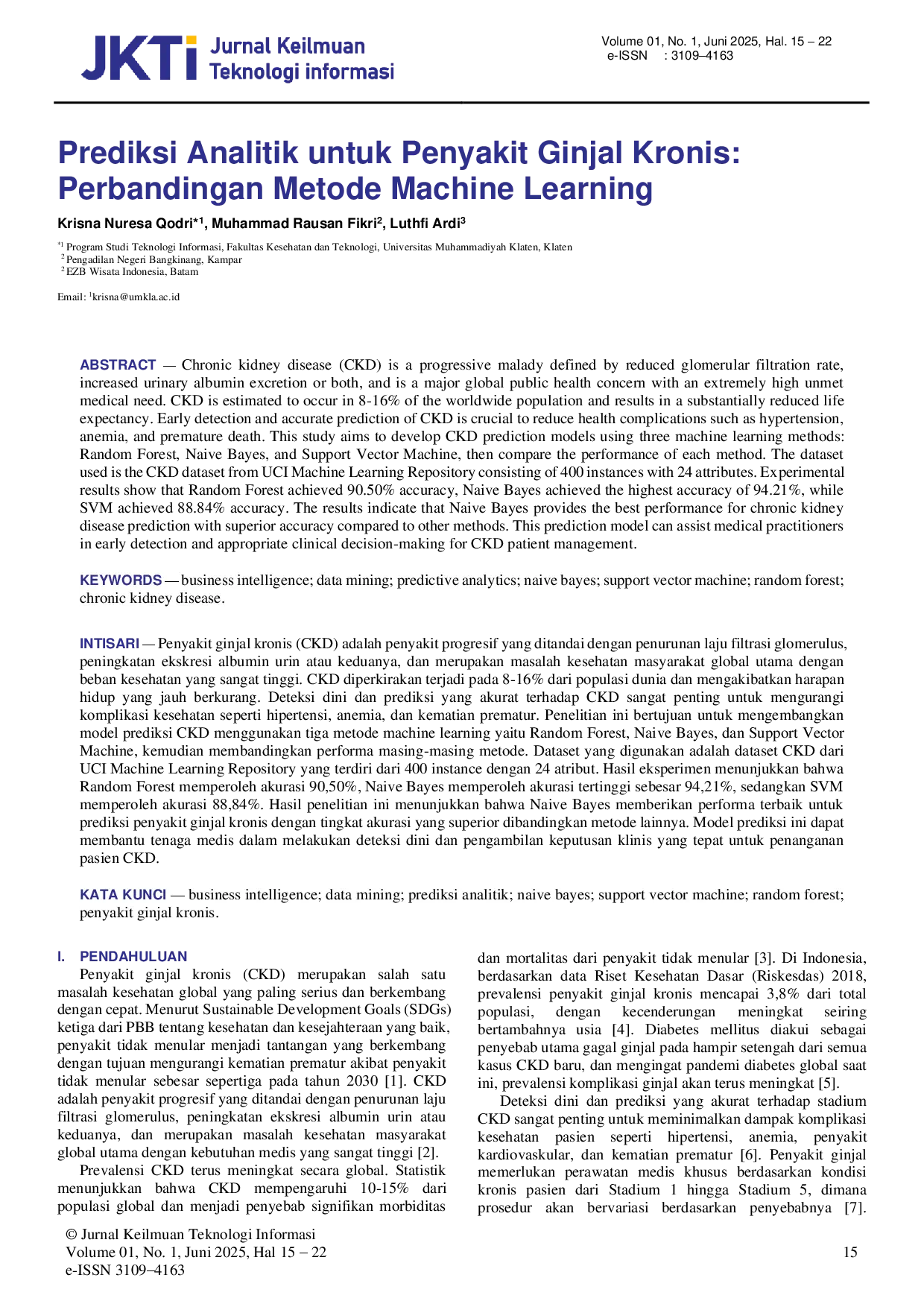 juris Analytical Prediction for Chronic Kidney Disease A Comparison of Machine Learning Methods