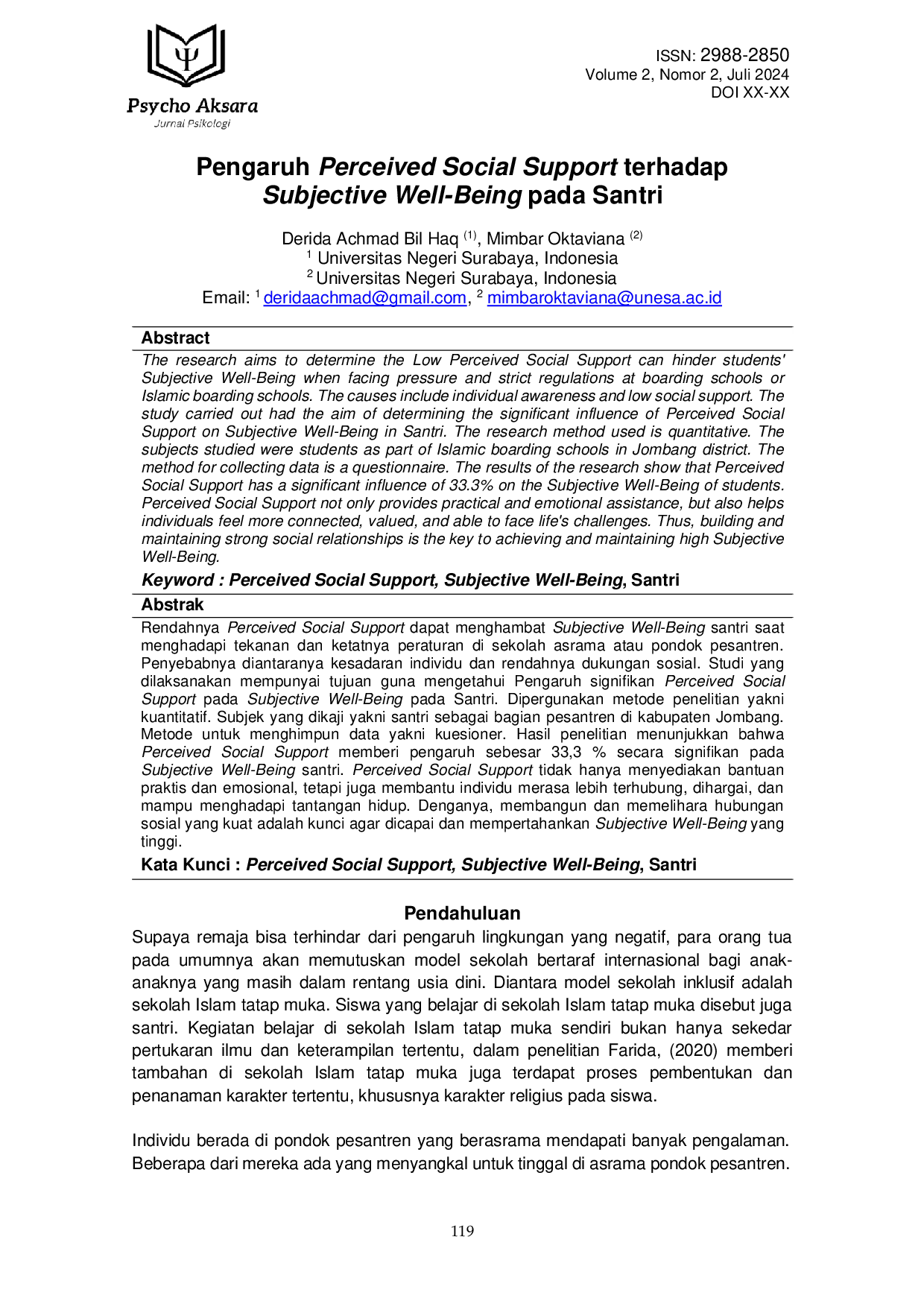 JURIS Pengaruh Perceived Social Support terhadap Subjective Well Being pada Santri