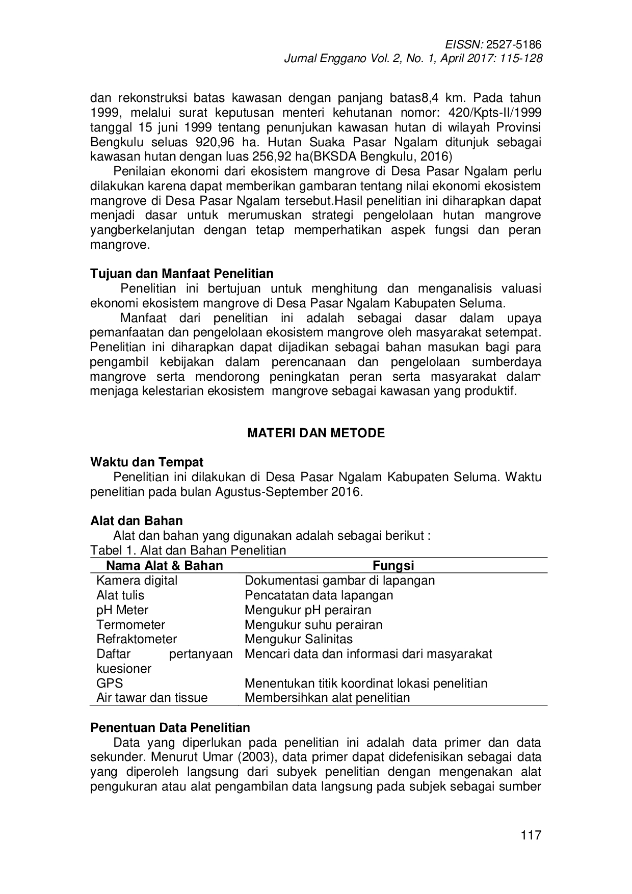 JURIS Valuasi Ekonomi Ekosistem Mangrove di Desa Pasar Ngalam Kabupaten Seluma
