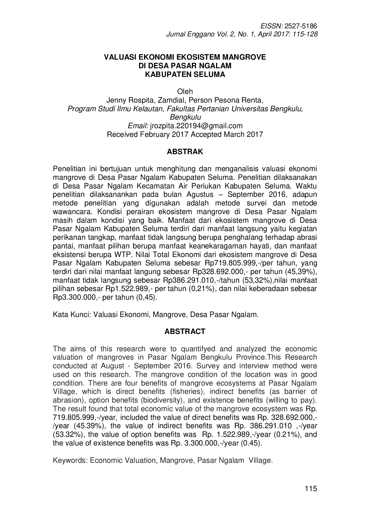 JURIS Valuasi Ekonomi Ekosistem Mangrove di Desa Pasar Ngalam Kabupaten Seluma