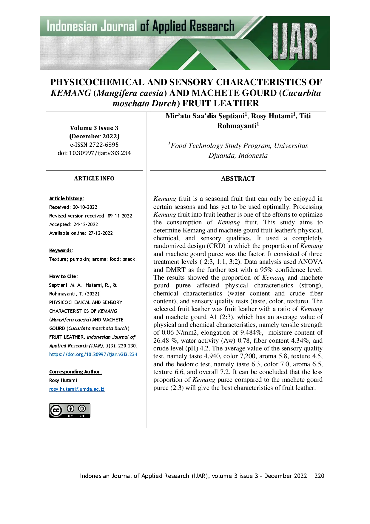 juris Physicochemical and Sensory Characteristics of Kemang Mangifera Caesia and Machete Gourd Cucurbita Moschata Durch Fruit Leather