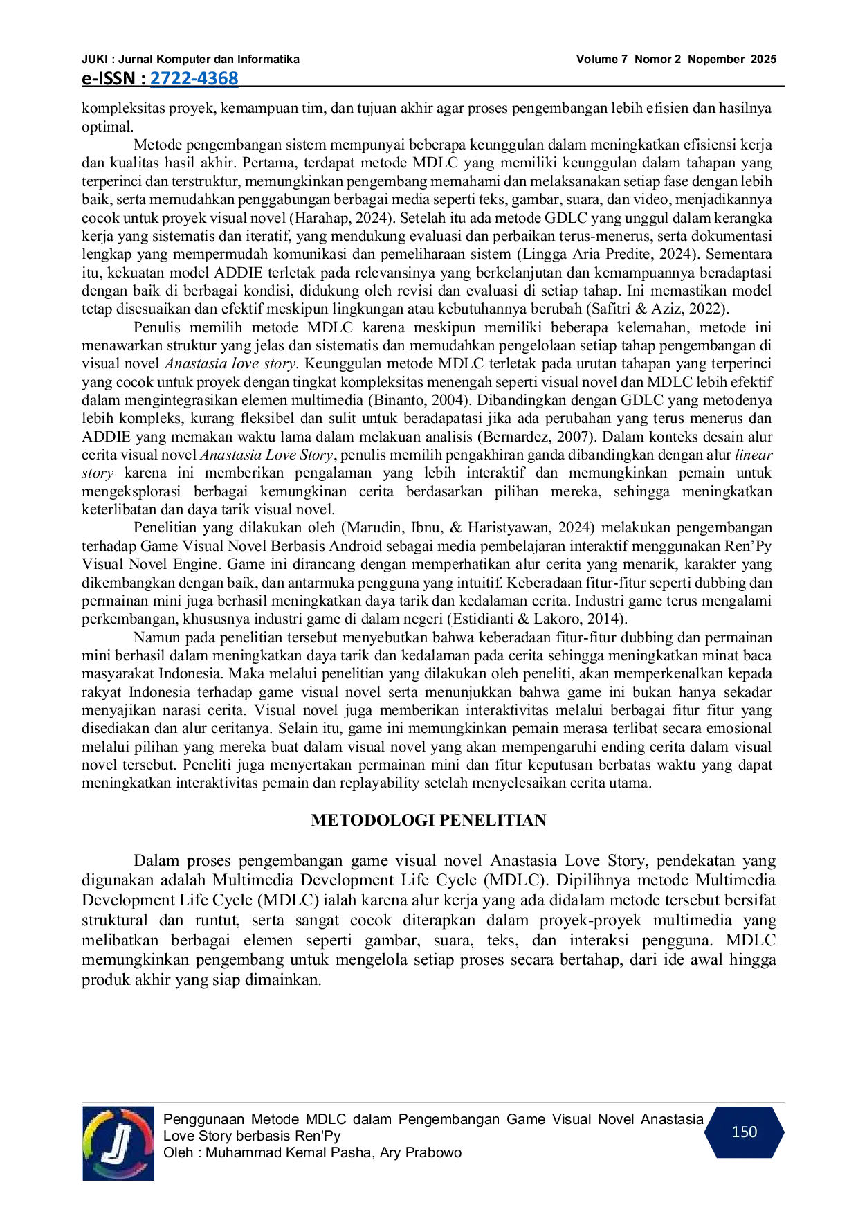 JURIS Penggunaan Metode MDLC dalam Pengembangan Game Visual Novel Anastasia Love Story berbasis Ren Py