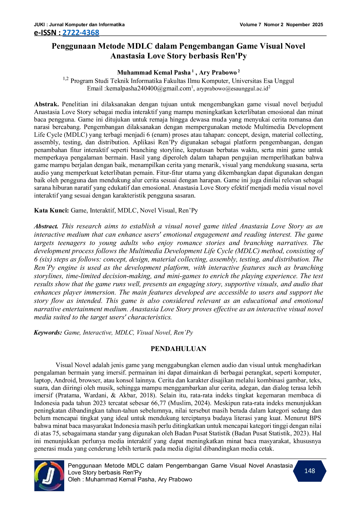 JURIS Penggunaan Metode MDLC dalam Pengembangan Game Visual Novel Anastasia Love Story berbasis Ren Py