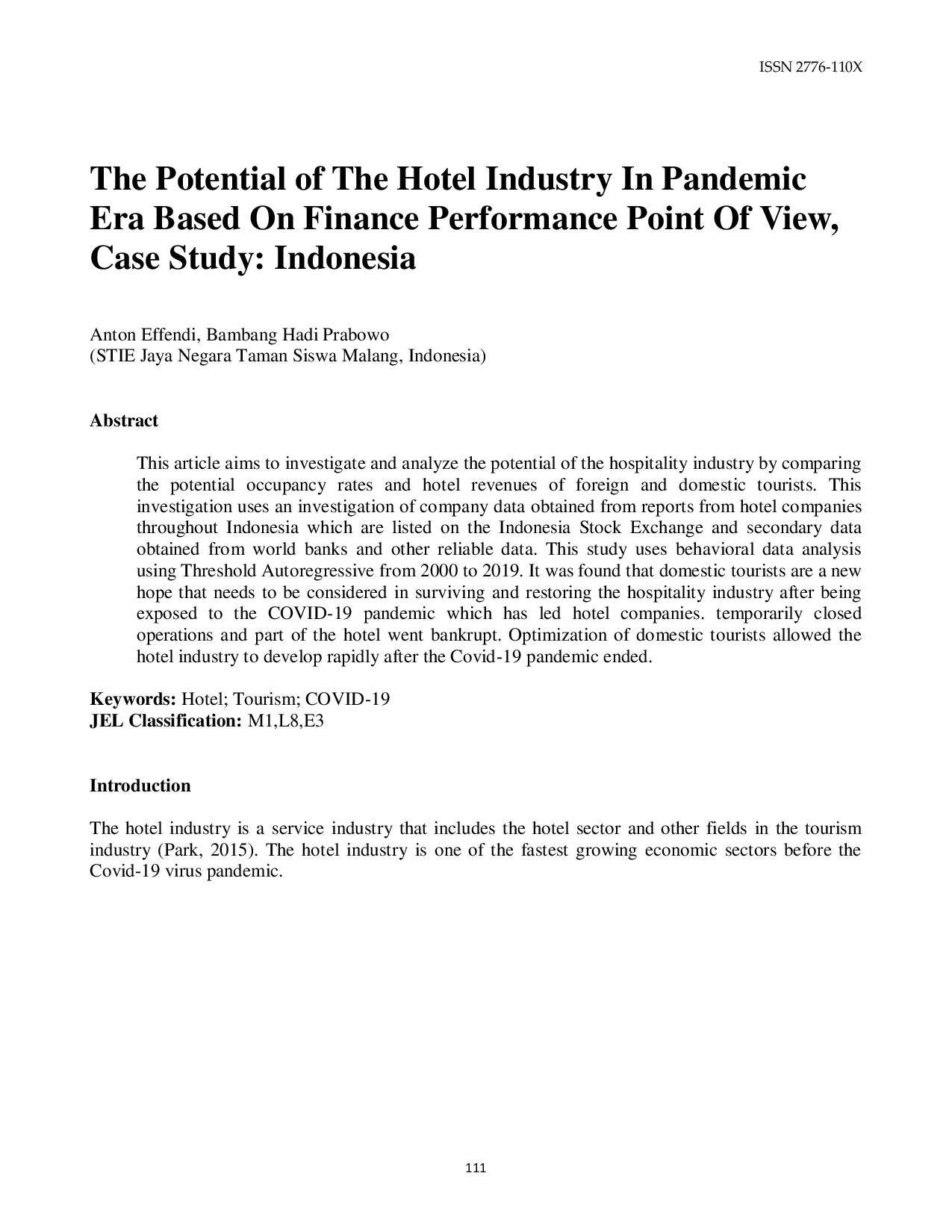 JURIS The The Potential of The Hotel Industry In Pandemic Era Based On Finance Performance Point Of View Case Study Indonesia