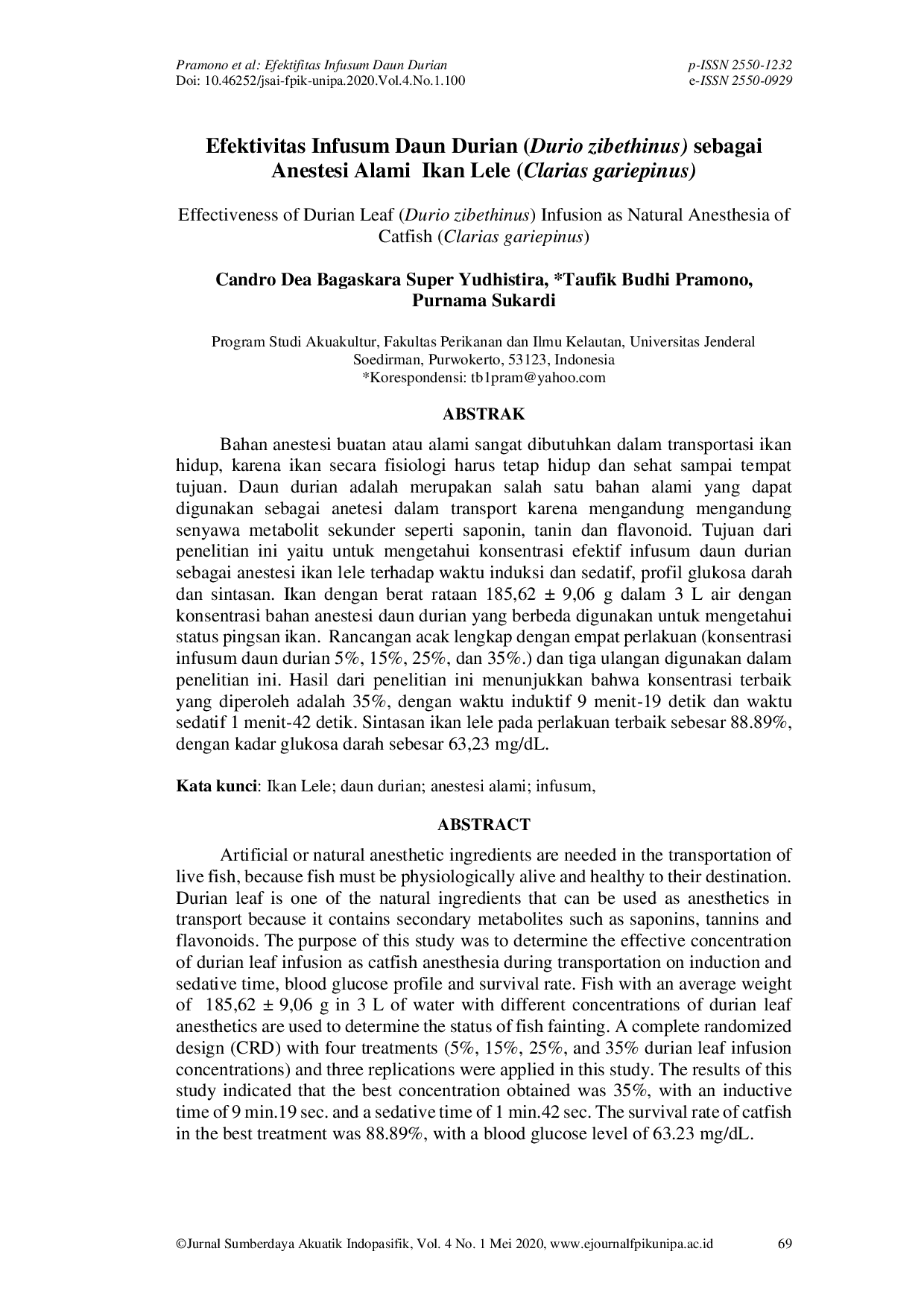 JURIS Efektivitas Infusum Daun Durian Durio zibethinus Sebagai Anestesi Alami Ikan Lele Clarias gariepinus