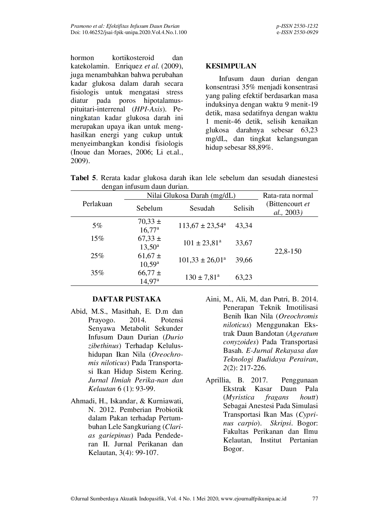 JURIS Efektivitas Infusum Daun Durian Durio zibethinus Sebagai Anestesi Alami Ikan Lele Clarias gariepinus