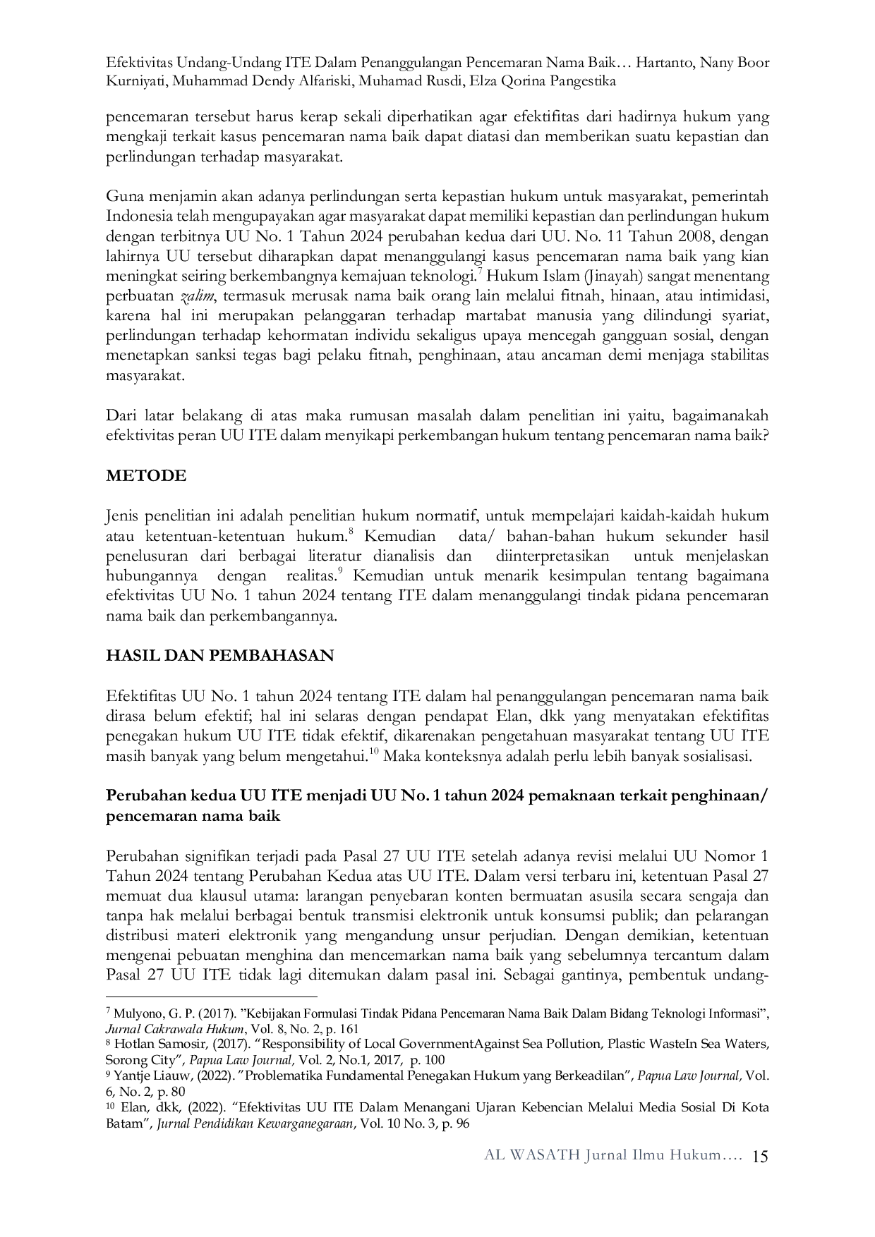 JURIS Efektivitas Undang Undang ITE dalam Penanggulangan Pencemaran Nama Baik