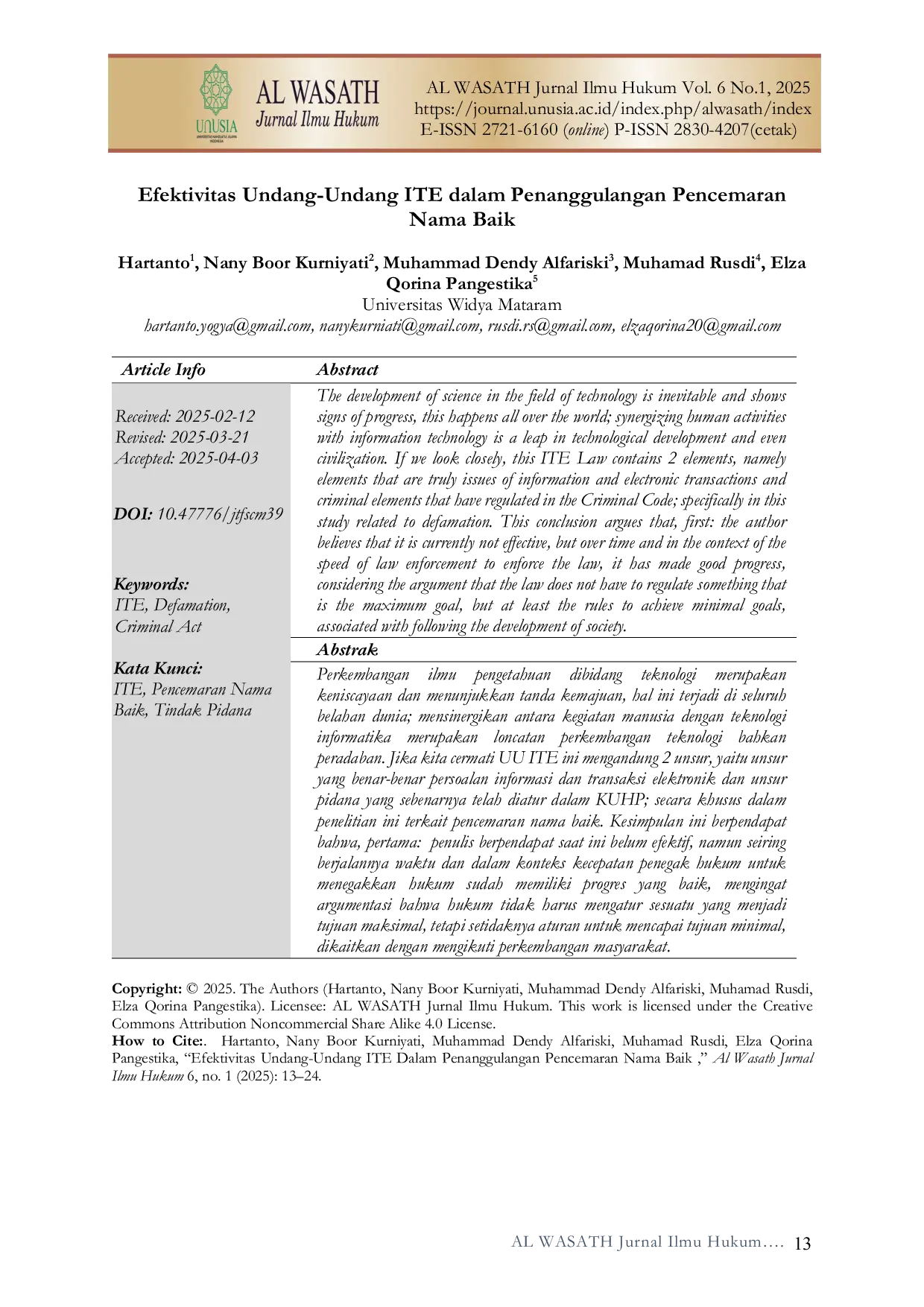 JURIS Efektivitas Undang Undang ITE dalam Penanggulangan Pencemaran Nama Baik