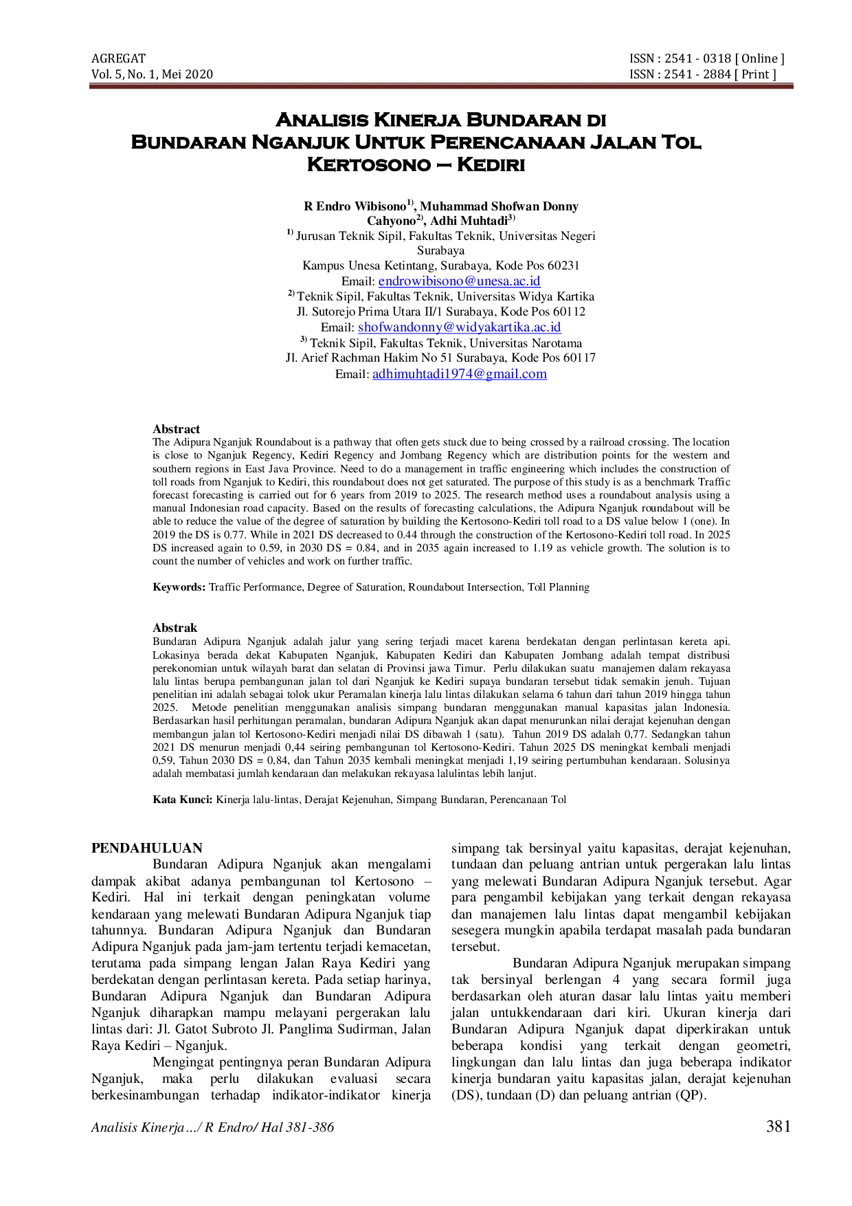 JURIS Analisis Kinerja Bundaran Di Bundaran Nganjuk Untuk Perencanaan Jalan Tol Kertosono Kediri