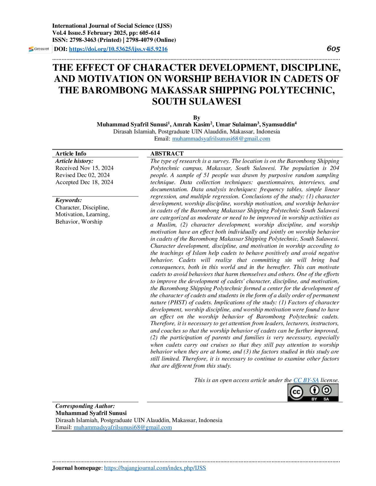 JURIS The Effect Of Character Development Discipline And Motivation On Worship Behavior In Cadets Of The Barombong Makassar Shipping Polytechnic South Sulawesi
