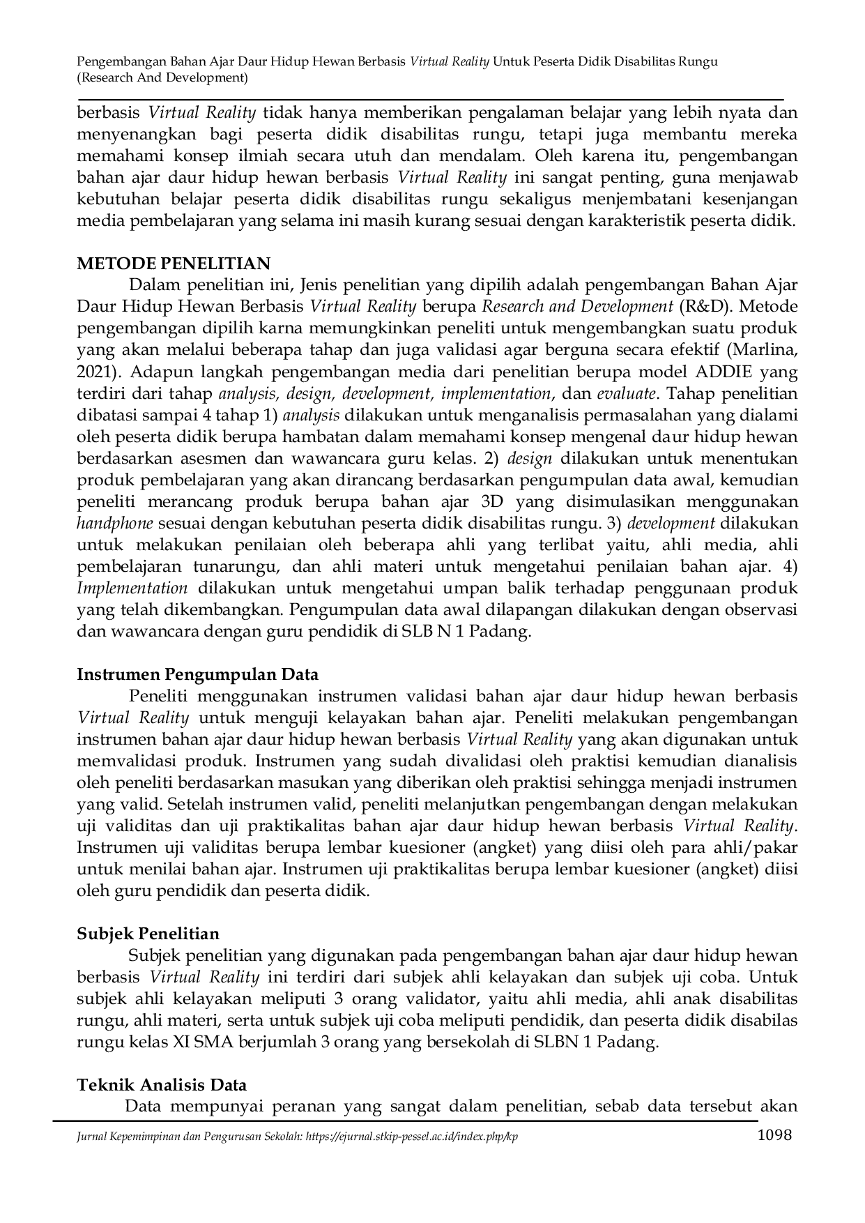 JURIS Pengembangan Bahan Ajar Daur Hidup Hewan Berbasis Virtual Reality Untuk Peserta Didik Disabilitas Rungu