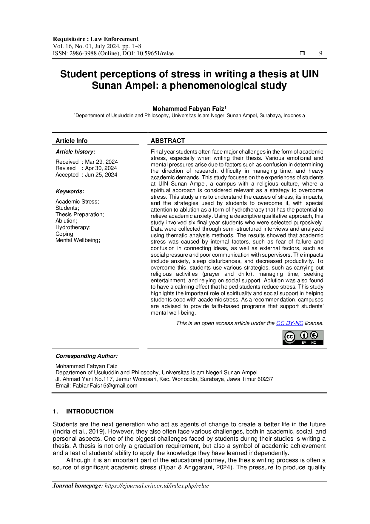 JURIS Student perceptions of stress in writing a thesis at UIN Sunan Ampel a phenomenological study