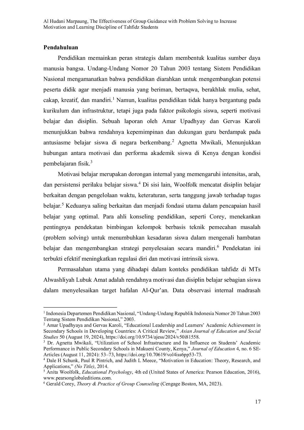 JURIS Efektivitas Bimbingan Kelompok dengan Problem Solving untuk Meningkatkan Motivasi dan Disiplin Belajar Siswa Tahfidz