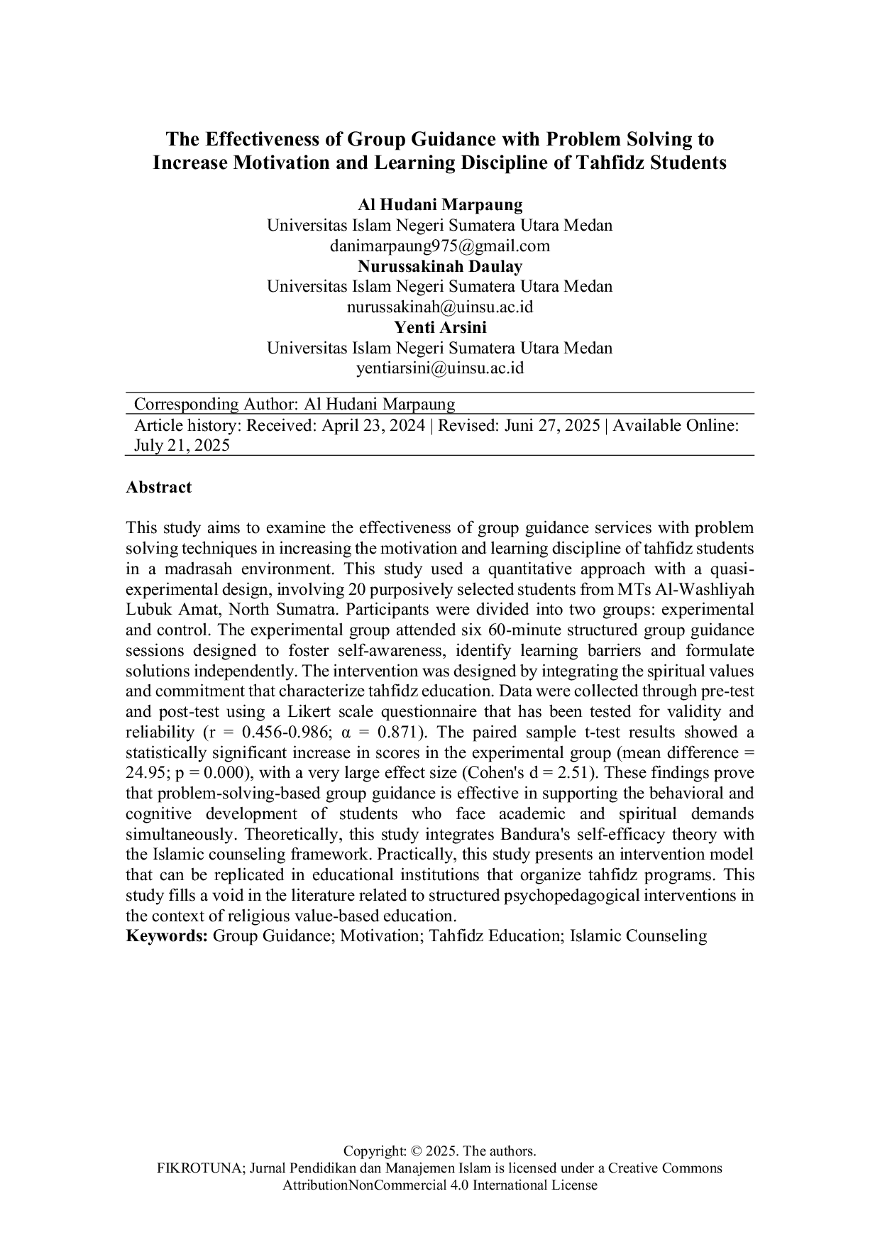JURIS Efektivitas Bimbingan Kelompok dengan Problem Solving untuk Meningkatkan Motivasi dan Disiplin Belajar Siswa Tahfidz
