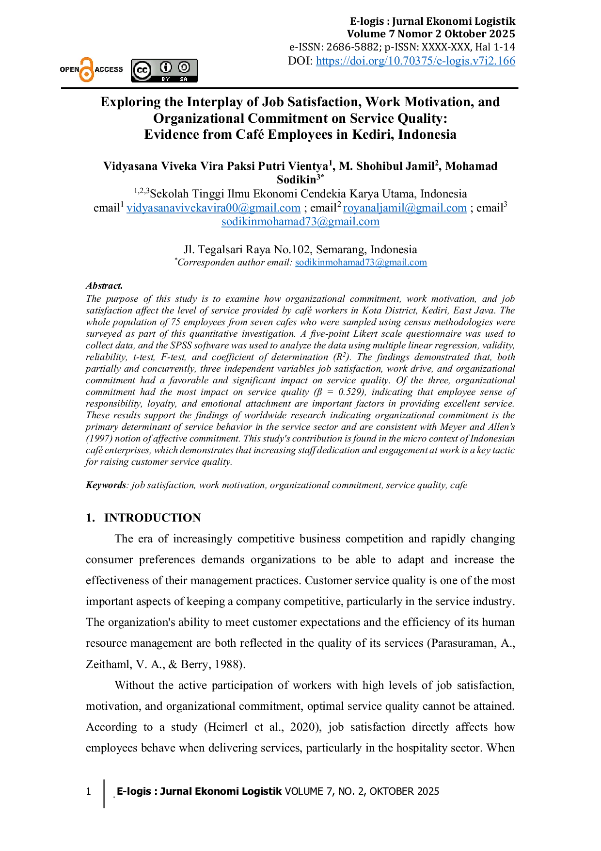 JURIS Exploring the Interplay of Job Satisfaction Work Motivation and Organizational Commitment on Service Quality Evidence from Caf Employees in Kediri Indonesia