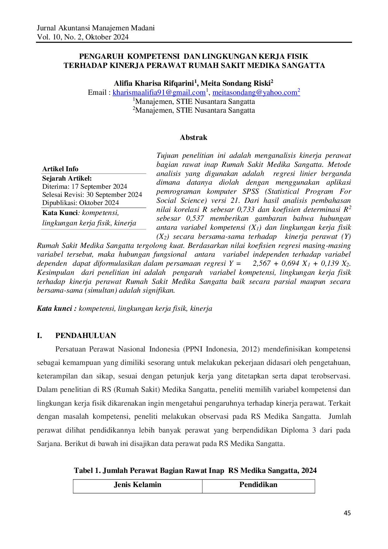 JURIS INFLUENCE OF COMPETENCIES AND PHYSICAL WORK ENVIRONMENT ON THE PERFORMANCE OF NURSES AT MEDIKA Sangatta Hospital