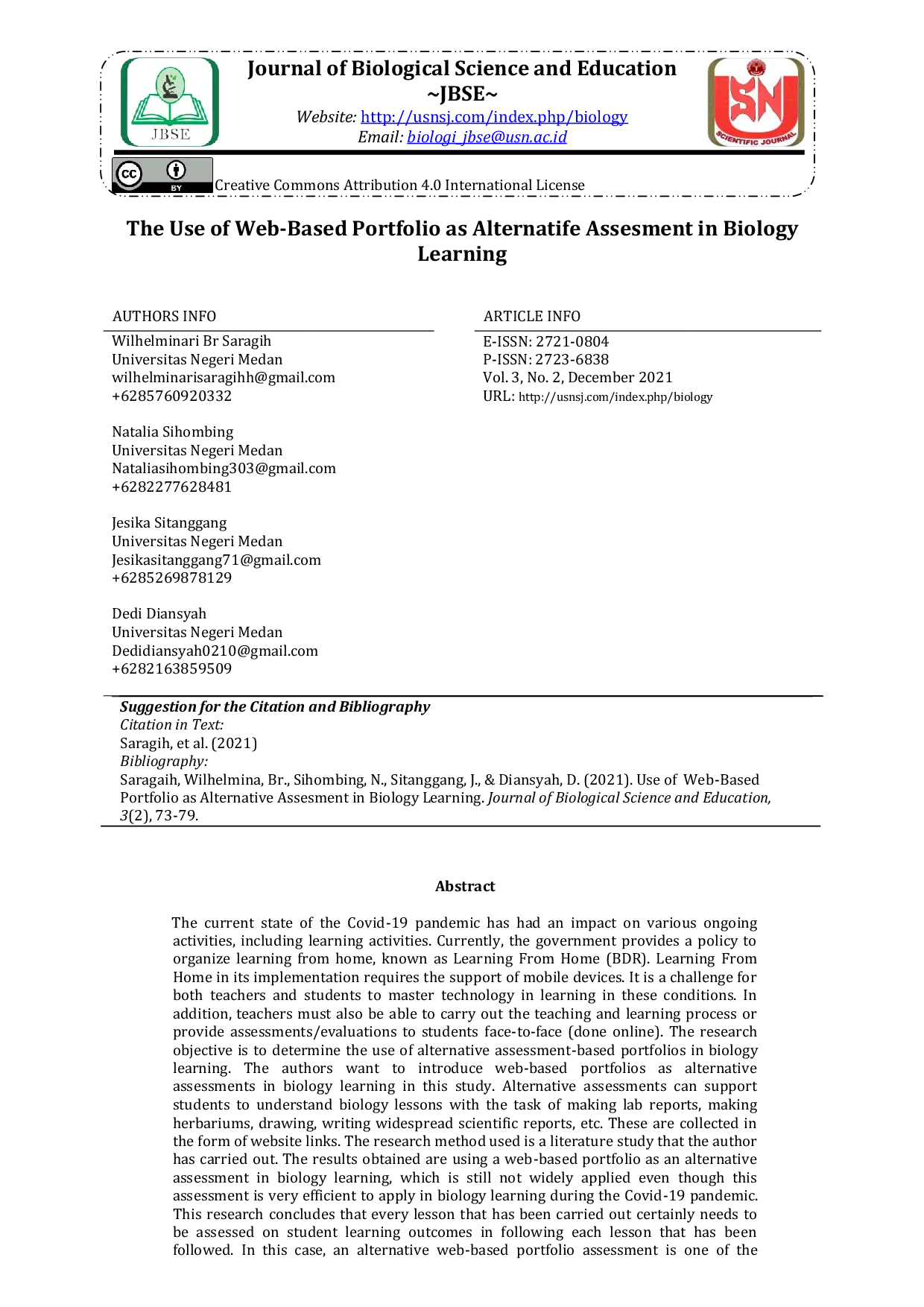 JURIS The Use of Web Based Portfolio as Alternatife Assesment in Biology Learning