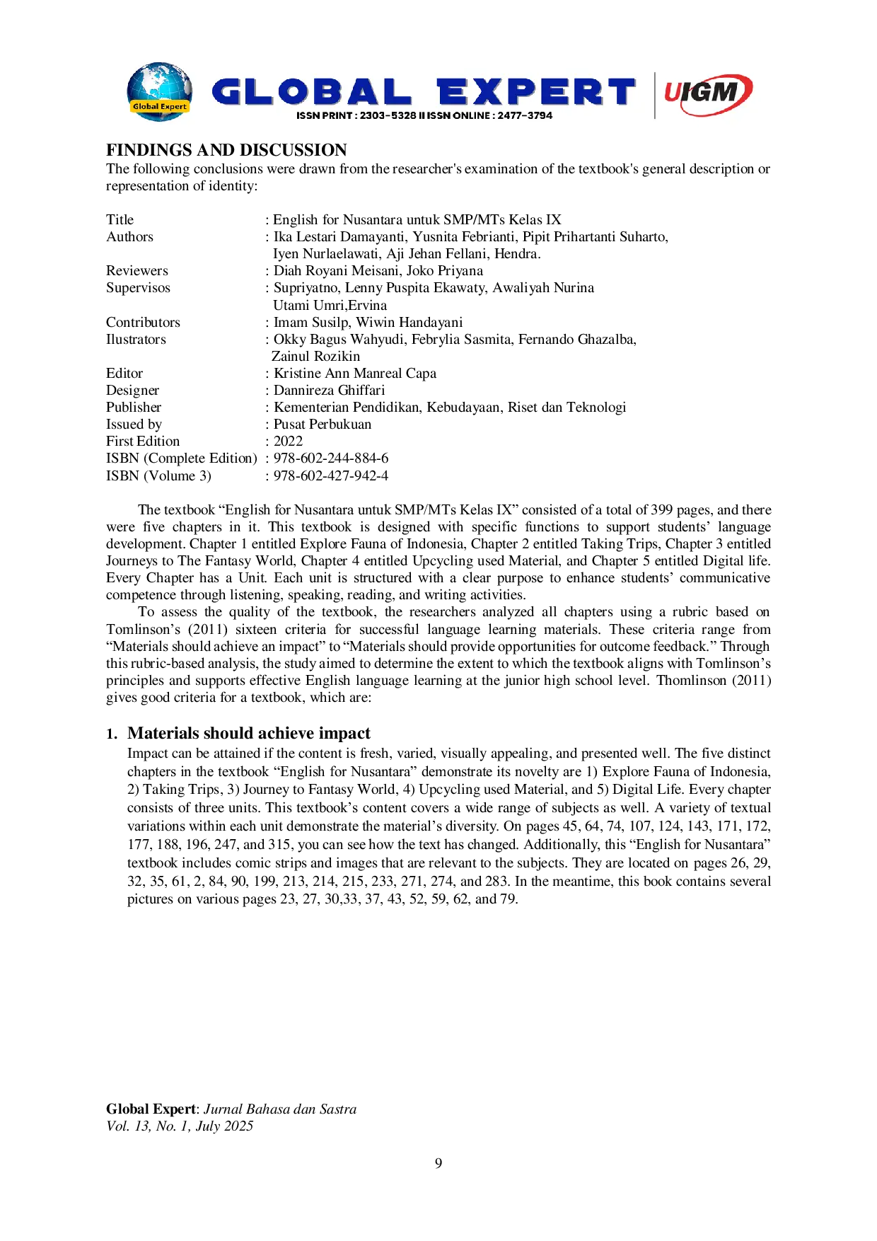 JURIS Suitability of Content in Textbook English for Nusantara for Junior High School