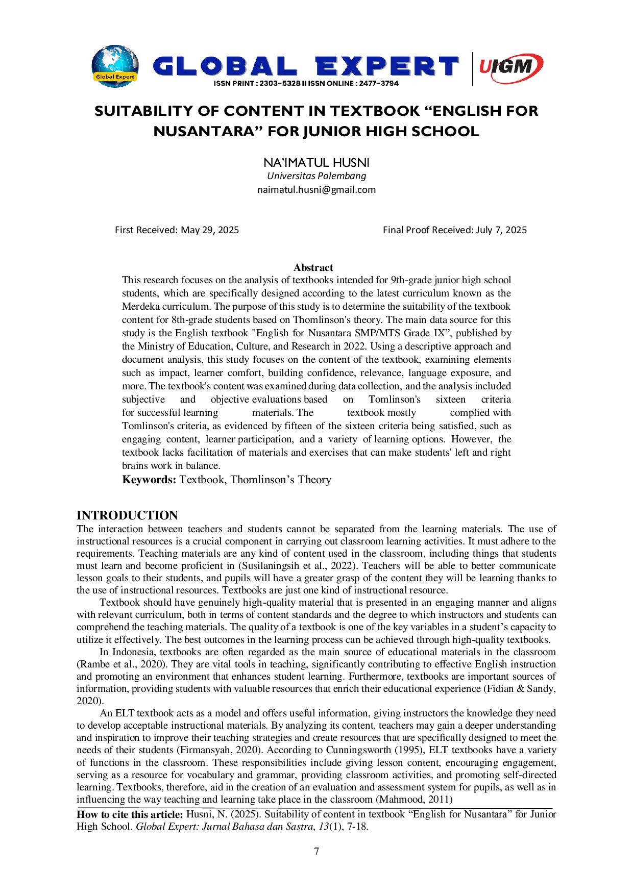 JURIS Suitability of Content in Textbook English for Nusantara for Junior High School