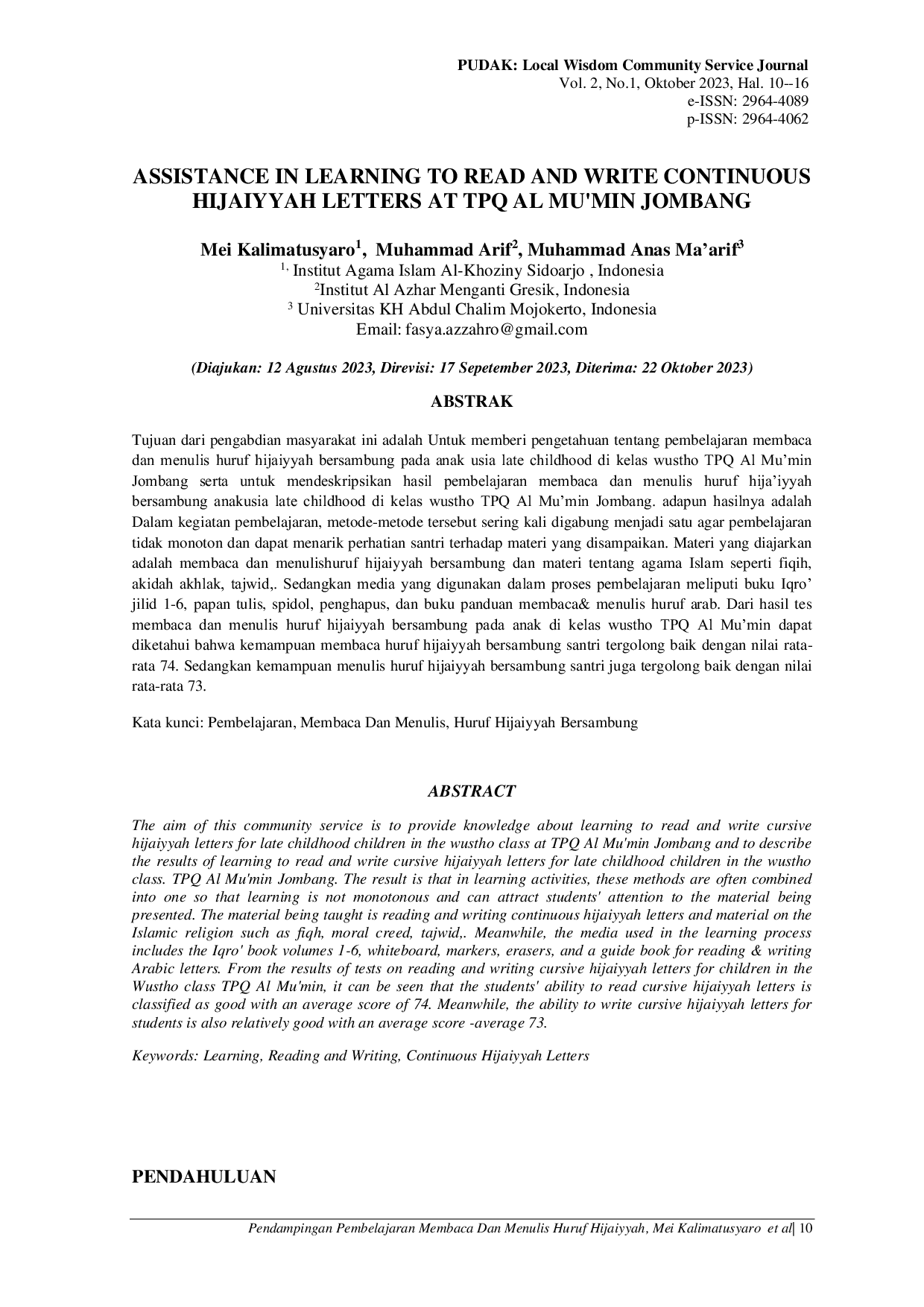 JURIS Assistance in Learning to Read and Write Continuous Hijaiyyah Letters at TPQ Al Mu min Jombang