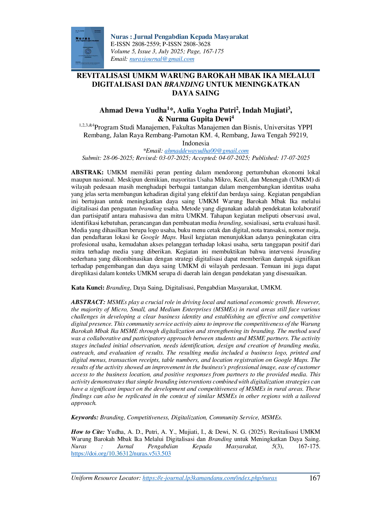 JURIS Revitalisasi UMKM Warung Barokah Mbak Ika Melalui Digitalisasi dan Branding untuk Meningkatkan Daya Saing
