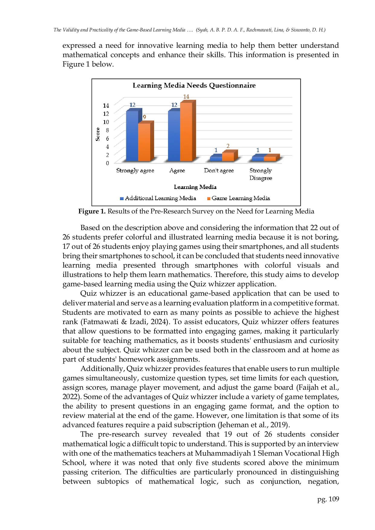 JURIS Validity and Practicality of the Game Based Learning Media for Mathematical Logic Using the Quiz whizzer Application
