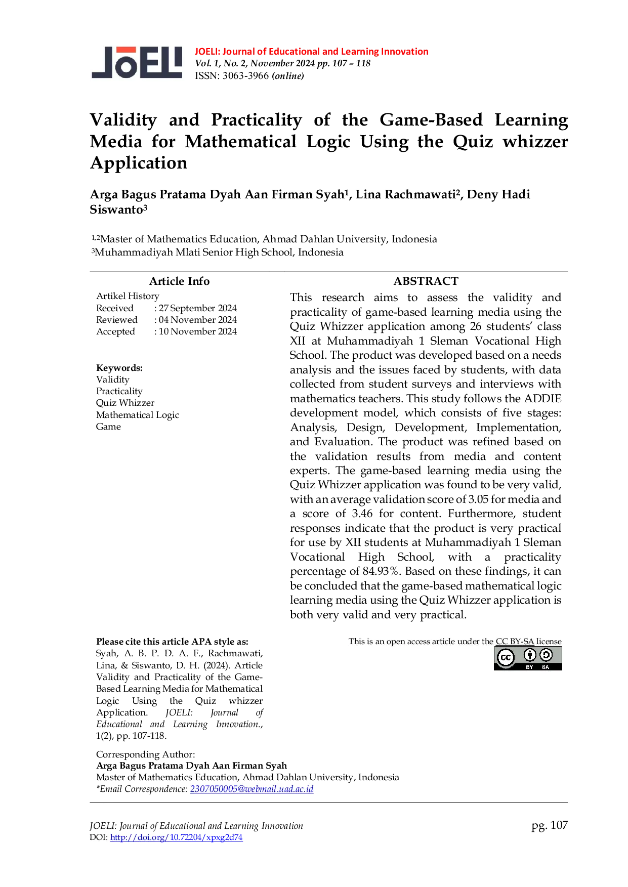 JURIS Validity and Practicality of the Game Based Learning Media for Mathematical Logic Using the Quiz whizzer Application