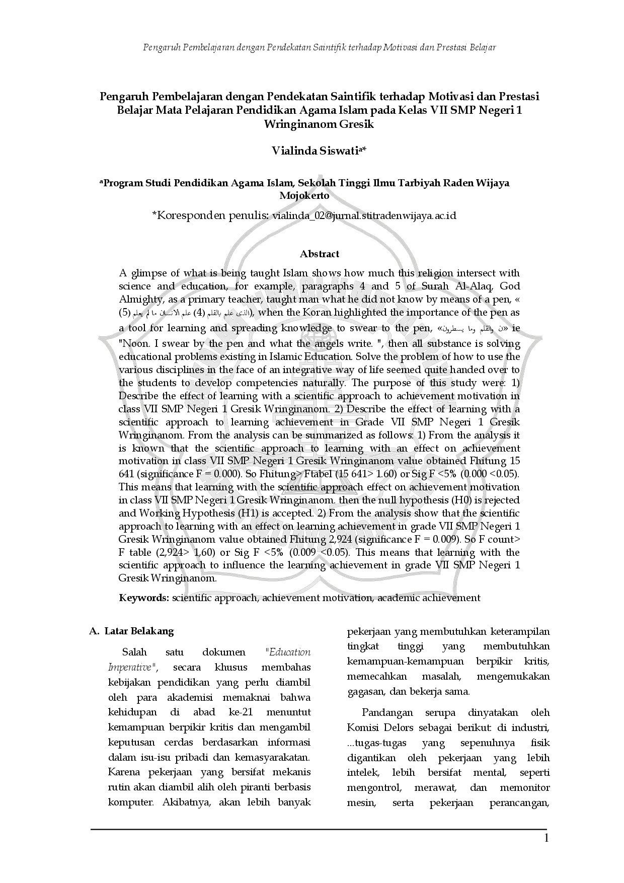 juris Pengaruh Pembelajaran dengan Pendekatan Saintifik terhadap Motivasi dan Prestasi Belajar Mata Pelajaran Pendidikan Agama Islam pada Kelas VII SMP Negeri 1 Wringinanom Gresik