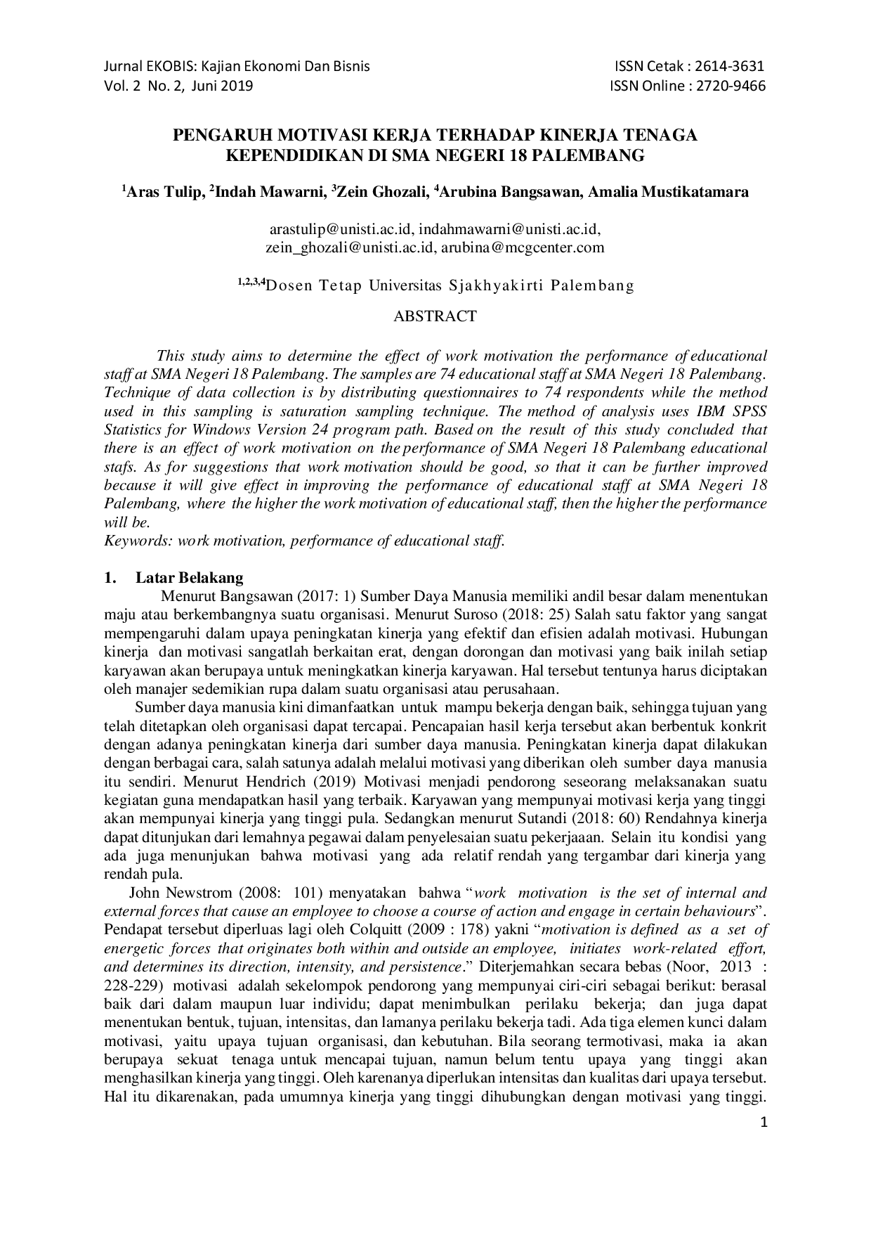 juris Pengaruh Motivasi Kerja Terhadap Kinerja Tenaga Kependidikan Di SMA Negeri 18 Palembang