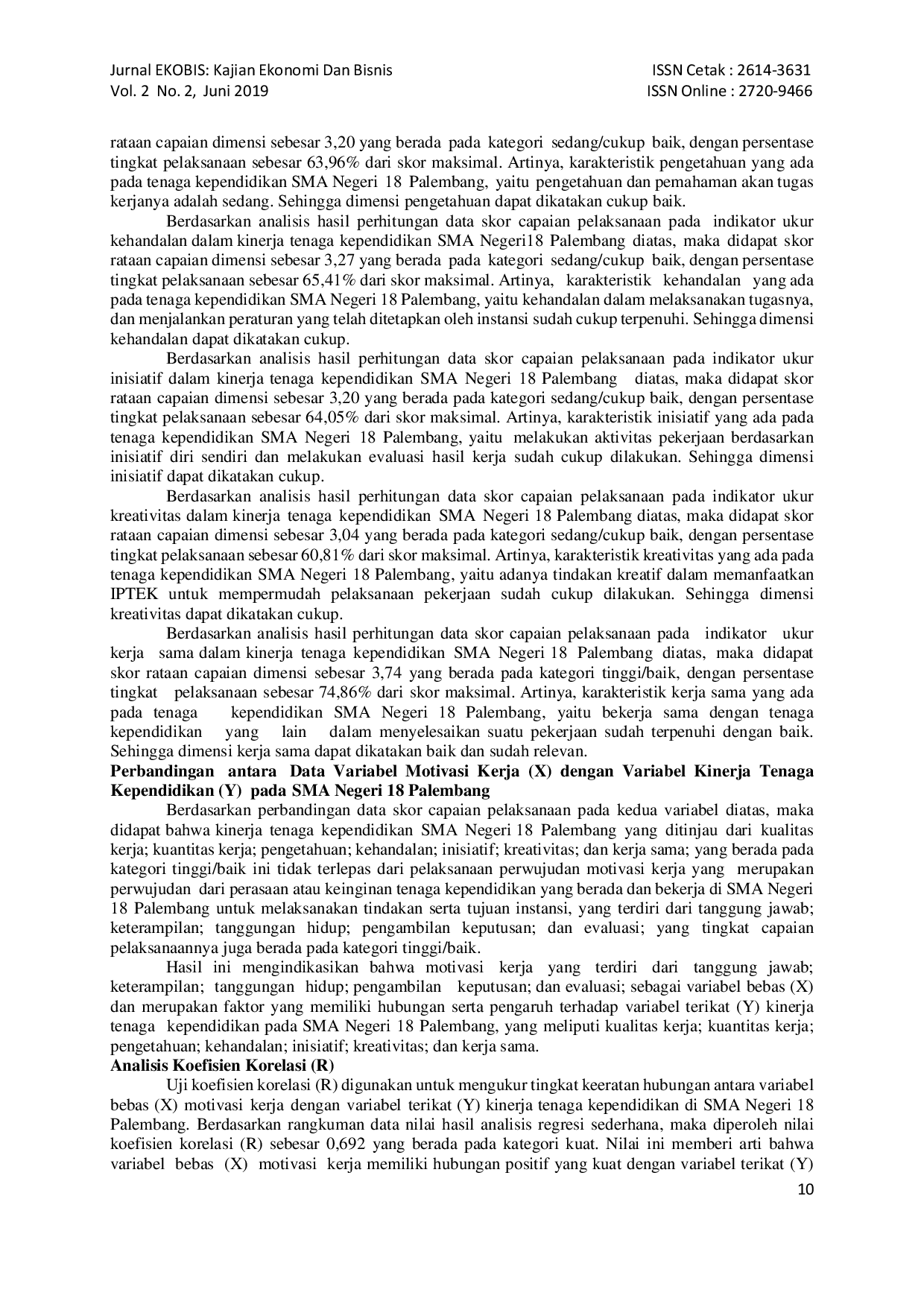 juris Pengaruh Motivasi Kerja Terhadap Kinerja Tenaga Kependidikan Di SMA Negeri 18 Palembang