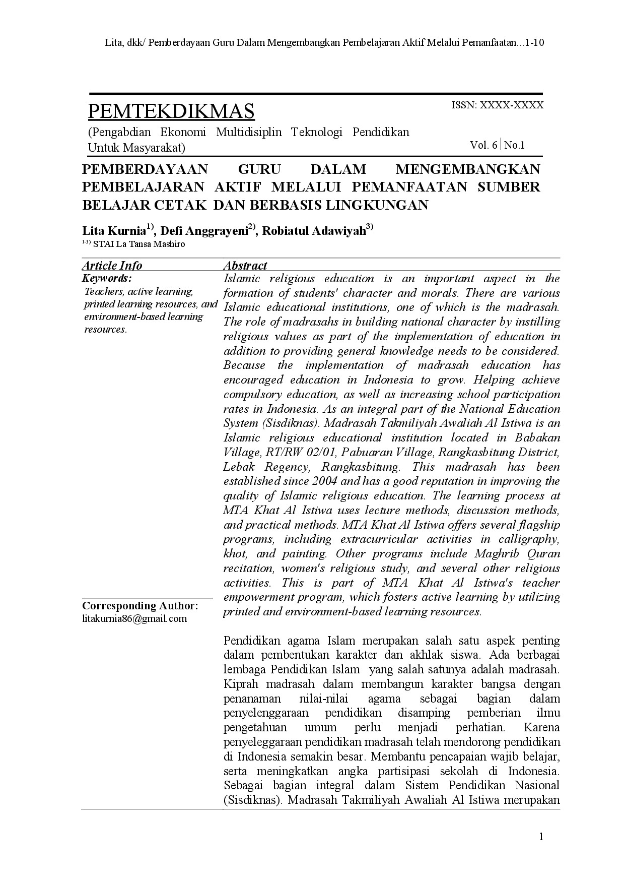 juris Pemberdayaan Guru Dalam Mengembangkan Pembelajaran Aktif Melalui Pemanfaatan Sumber Belajar Cetak Dan Berbasis Lingkungan