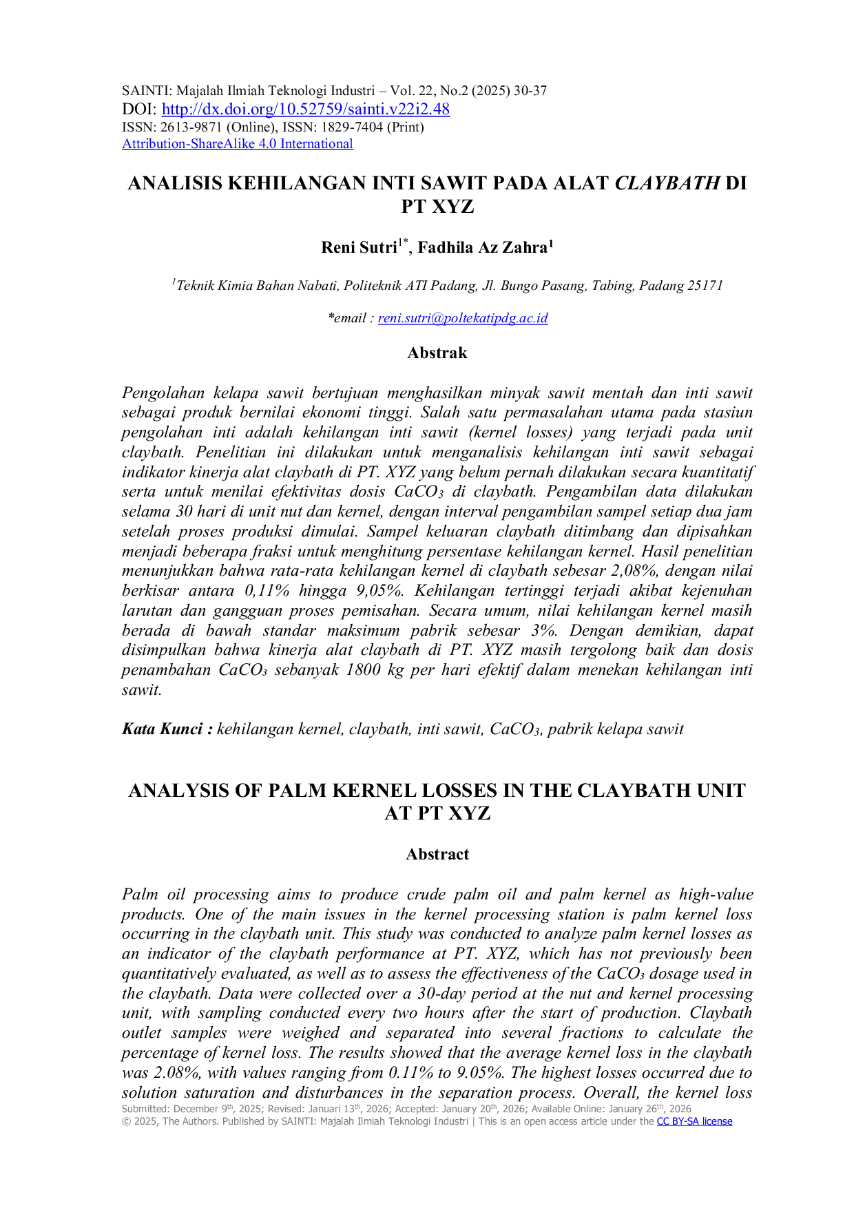 JURIS Analisis Kehilangan Inti Sawit Pada Alat Claybath di PT XYZ