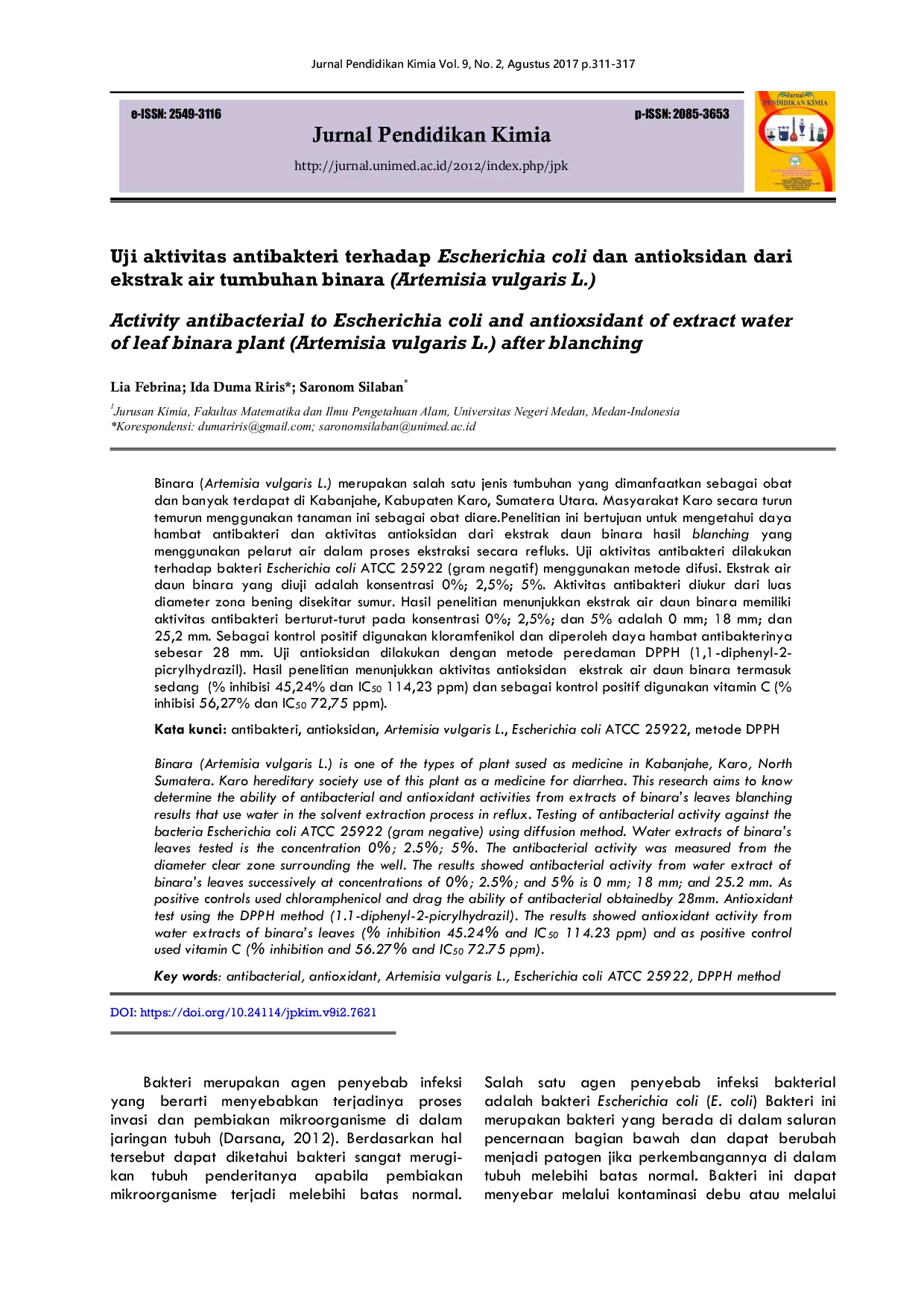 JURIS Activity antibacterial to Escherichia coli and antioxsidant of extract water of leaf binara plant Artemisia vulgaris L after blanching