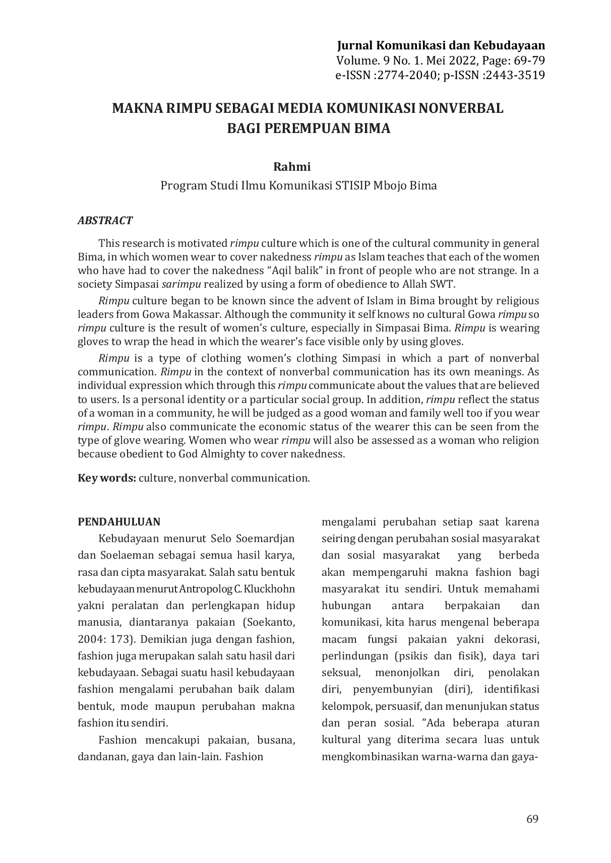 JURIS Meaning of Rimpu as a Nonverbal Communication Media for Bima Women