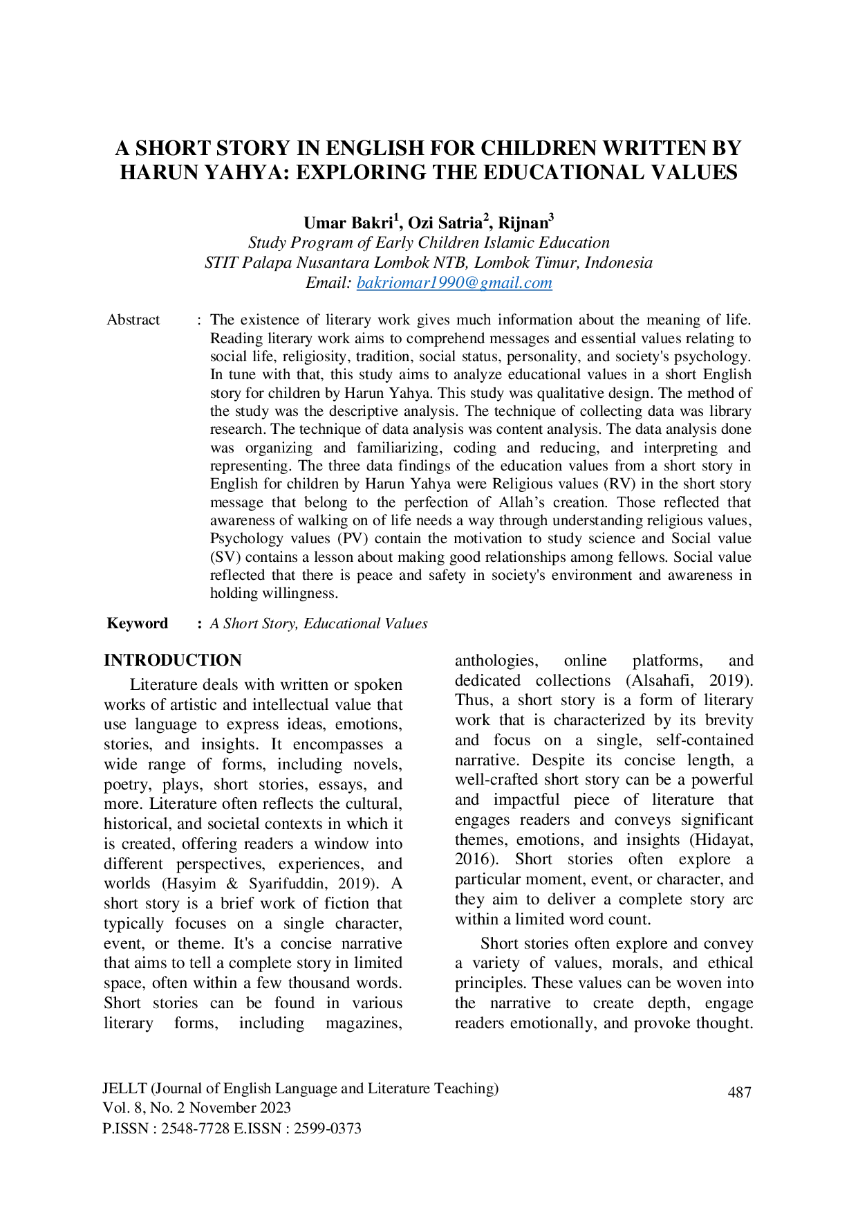 JURIS A Short Story in English for Children Written by Harun Yahya Exploring the Educational Values