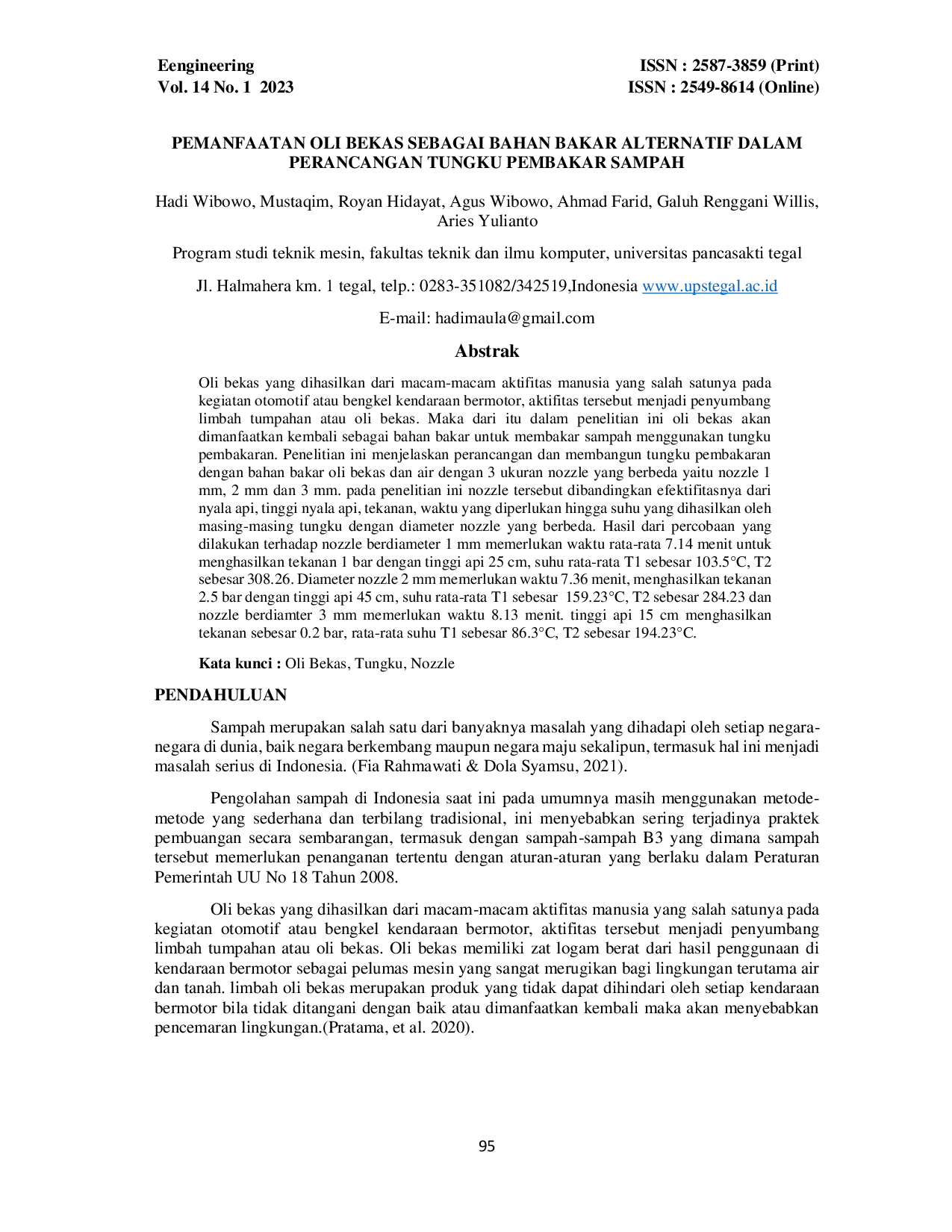 JURIS Pemanfaatan Oli Bekas Sebagai Bahan Bakar Alternatif Dalam Perancangan Tungku Pembakar Sampah