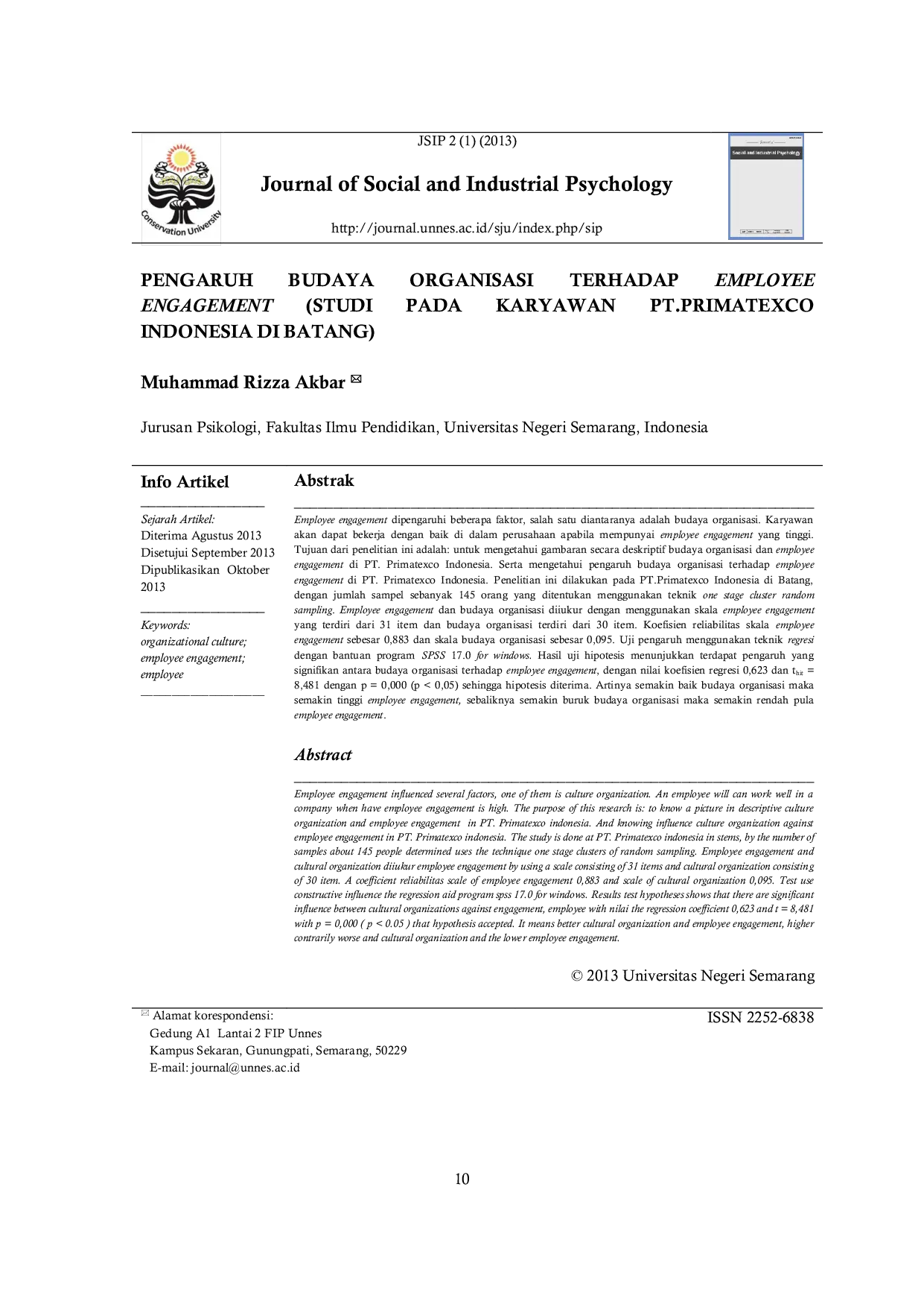 JURIS Pengaruh Budaya Organisasi Pada Karyawan Terhadap Employee Engagement Studi Indonesia Di Batang