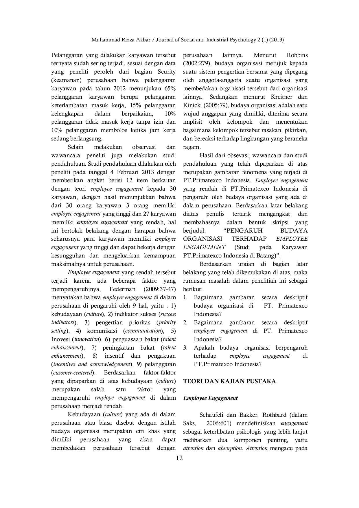 JURIS Pengaruh Budaya Organisasi Pada Karyawan Terhadap Employee Engagement Studi Indonesia Di Batang