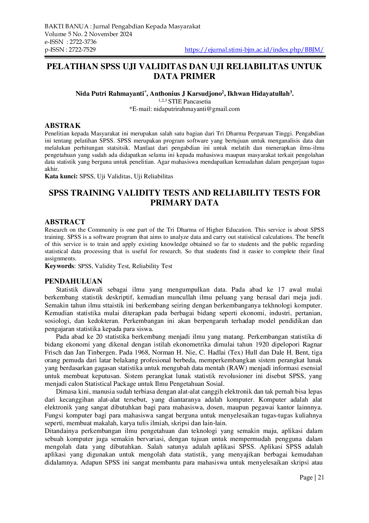 JURIS Pelatihan SPSS Uji Validitas Dan Uji Reliabilitas Untuk Data Primer