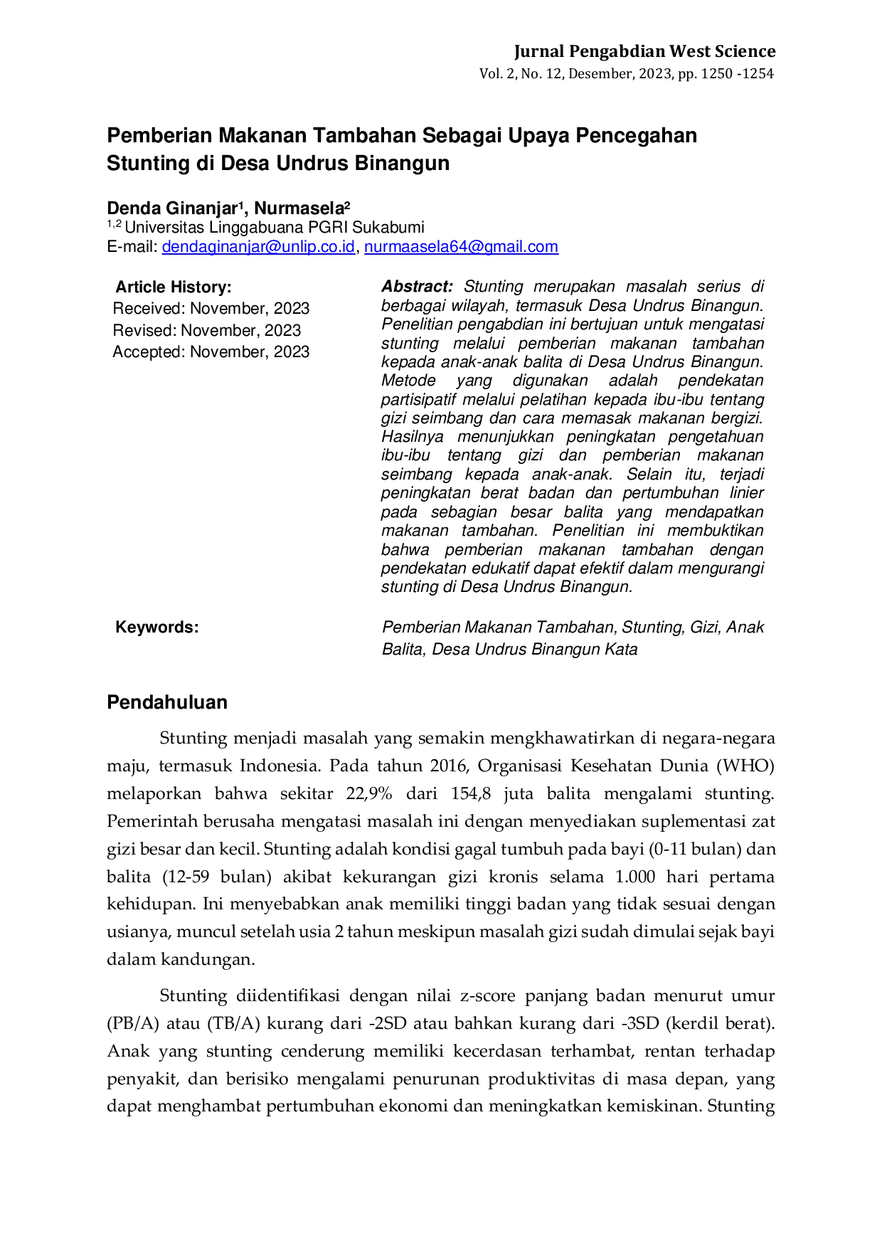 JURIS Pemberian Makanan Tambahan Sebagai Upaya Pencegahan Stunting di Desa Undrus Binangun