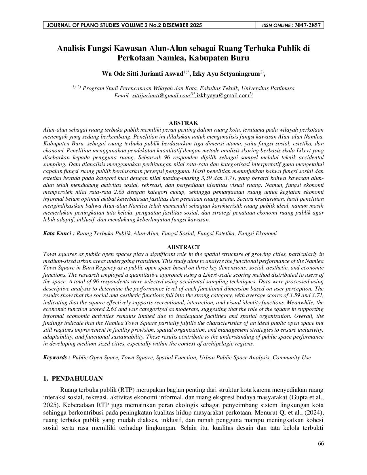 JURIS Analisis Fungsi Kawasan Alun Alun sebagai Ruang Terbuka Publik di Perkotaan Namlea Kabupaten Buru